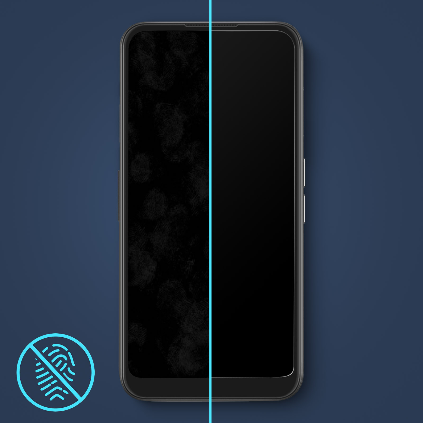 Uno schermo del telefono è diviso, mostrando un'impronta digitale da un lato e un lato pulito e chiaro.