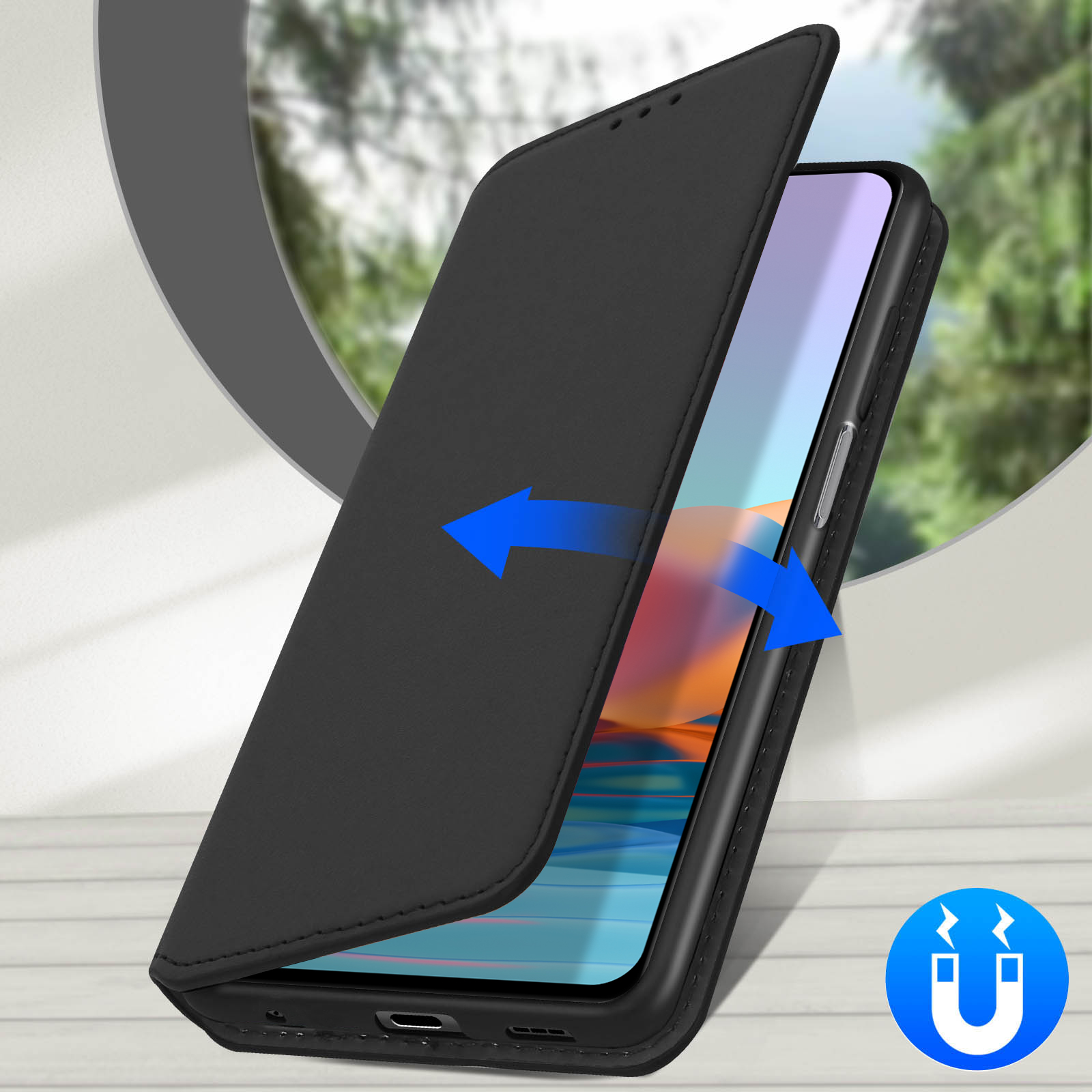 Custodia nera per telefono, aperta con frecce blu. Simbolo magnetico nell'angolo. Sfondo bianco.
