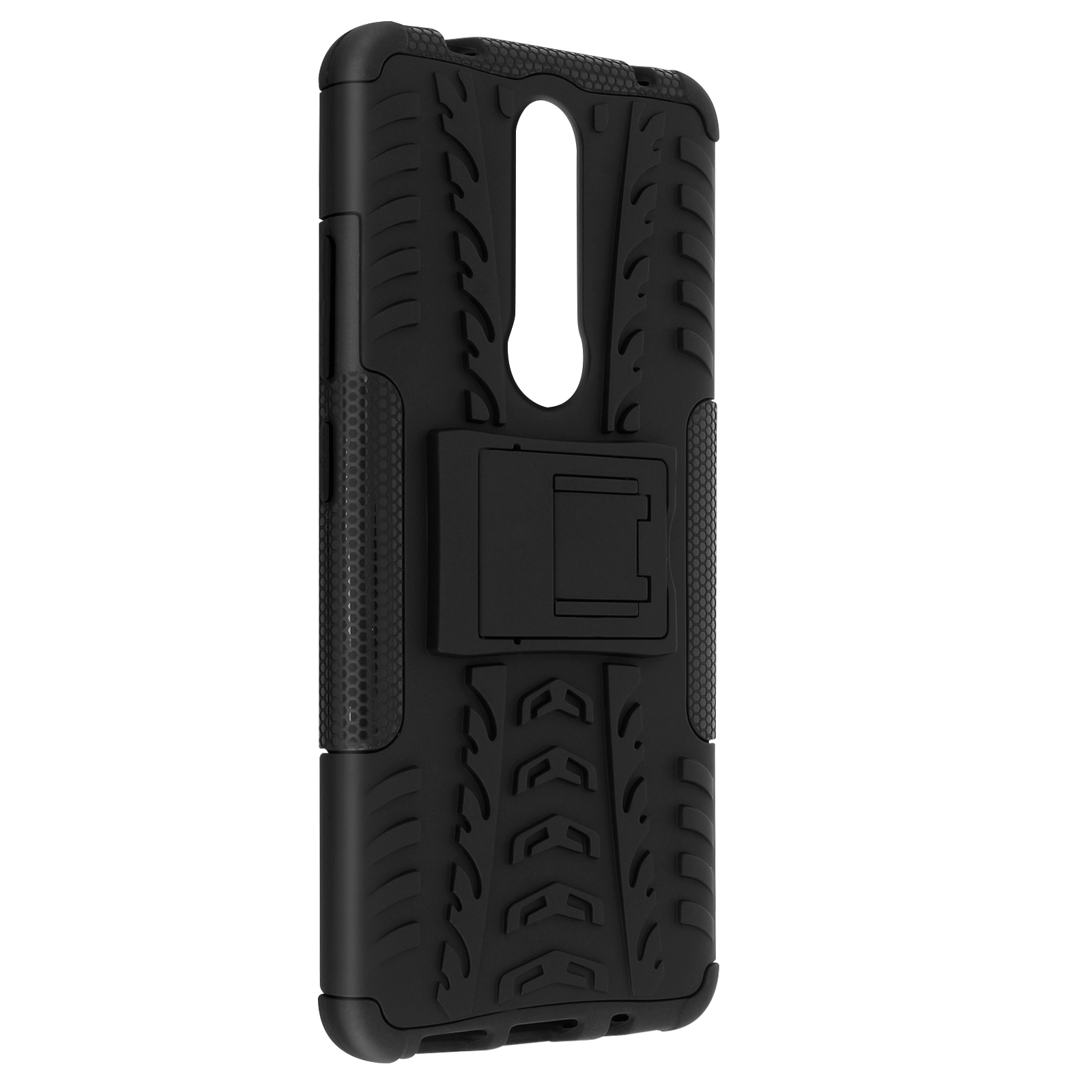 Custodia nera per telefono con supporto. Design strutturato. Sfondo bianco.