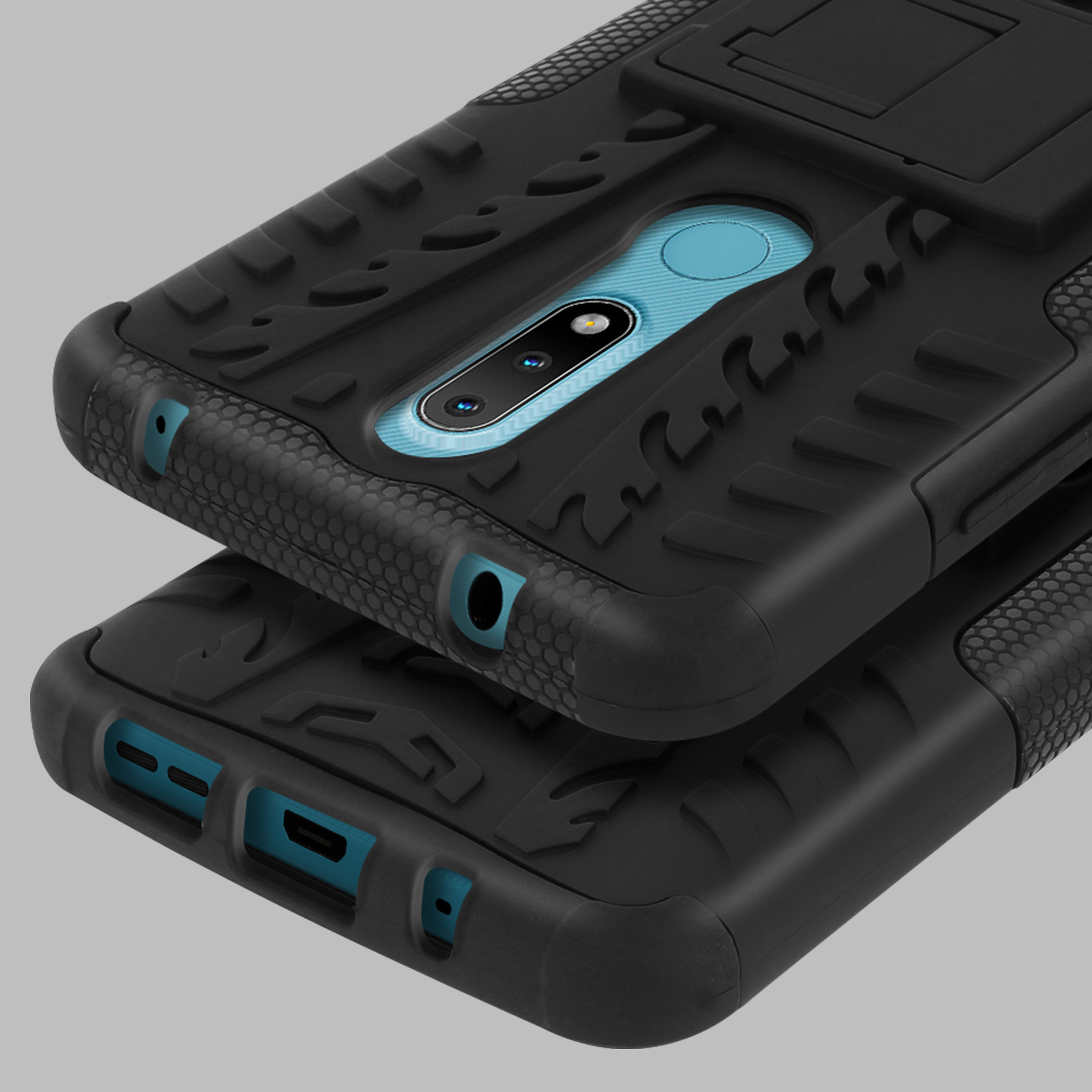 Custodia per telefono nera con cavalletto. La custodia ha un ritaglio per la fotocamera e un design strutturato. Sfondo grigio.