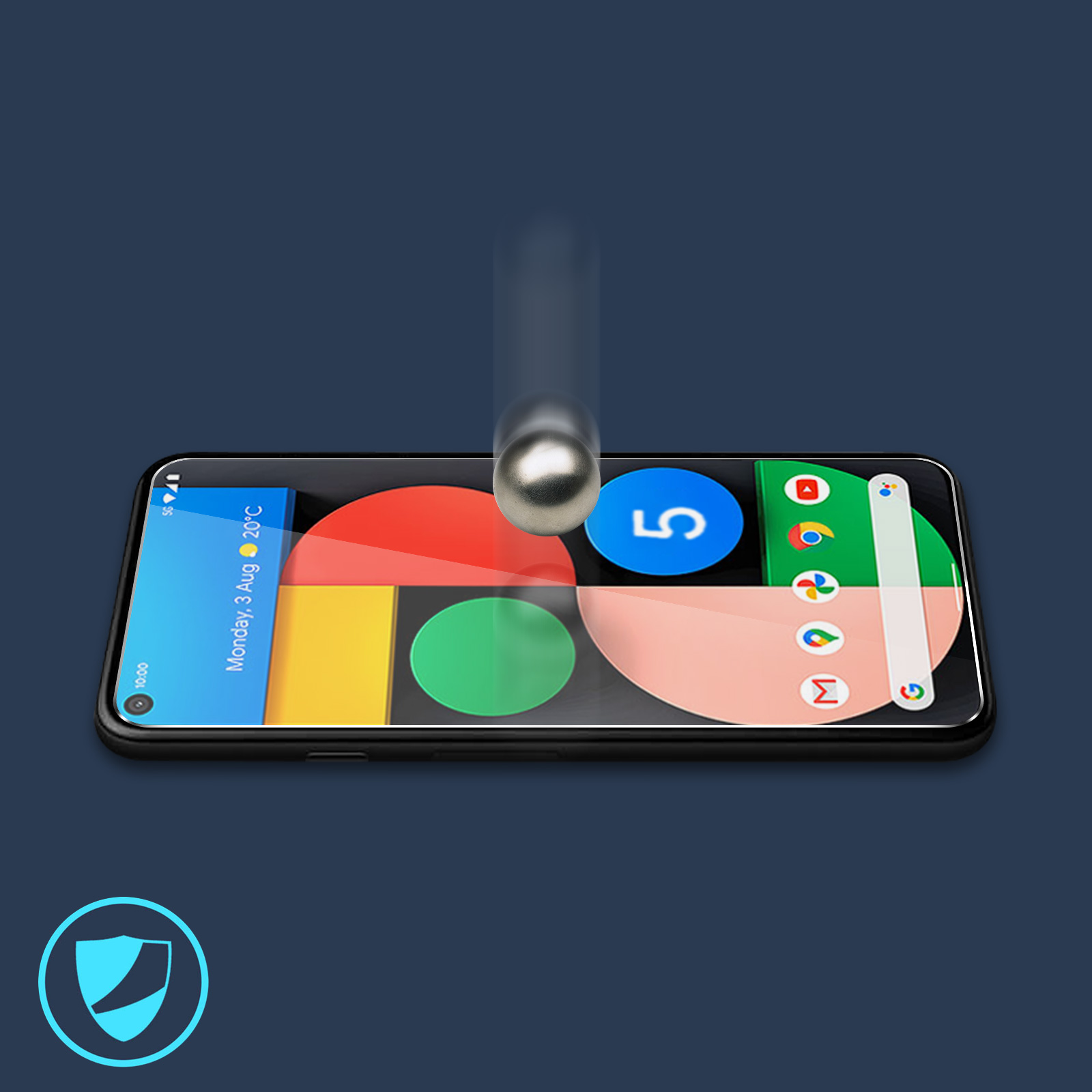 Un telefono con l'interfaccia di Google, una palla che ci cade sopra.