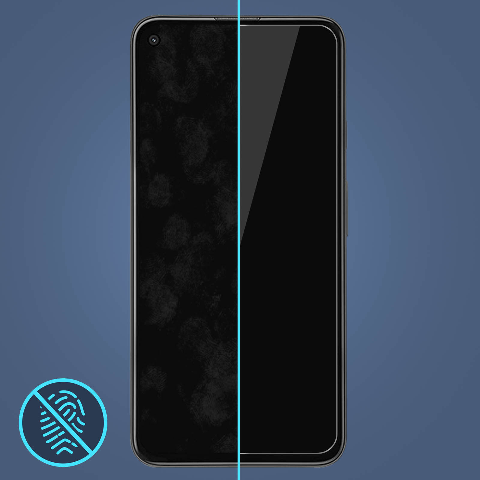 Schermo del telefono con test delle impronte digitali. Sfondo blu.