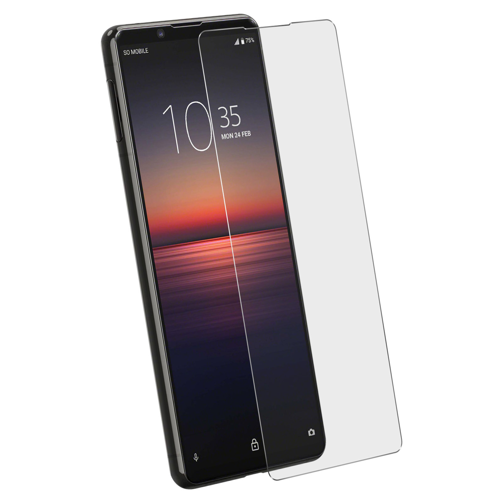 Telefoon met een schermbeschermer. De telefoon is zwart. De beschermer is helder.