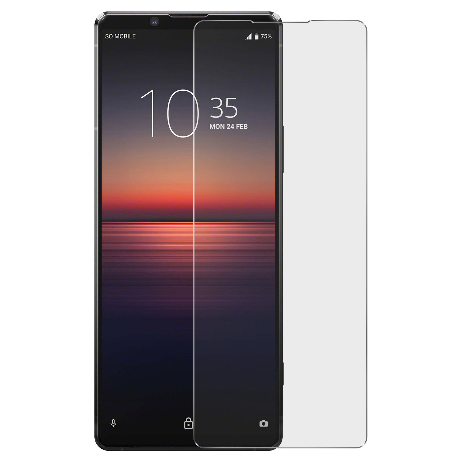 Telefoon en schermbeschermer. De telefoon toont tijd en datum. Witte achtergrond.