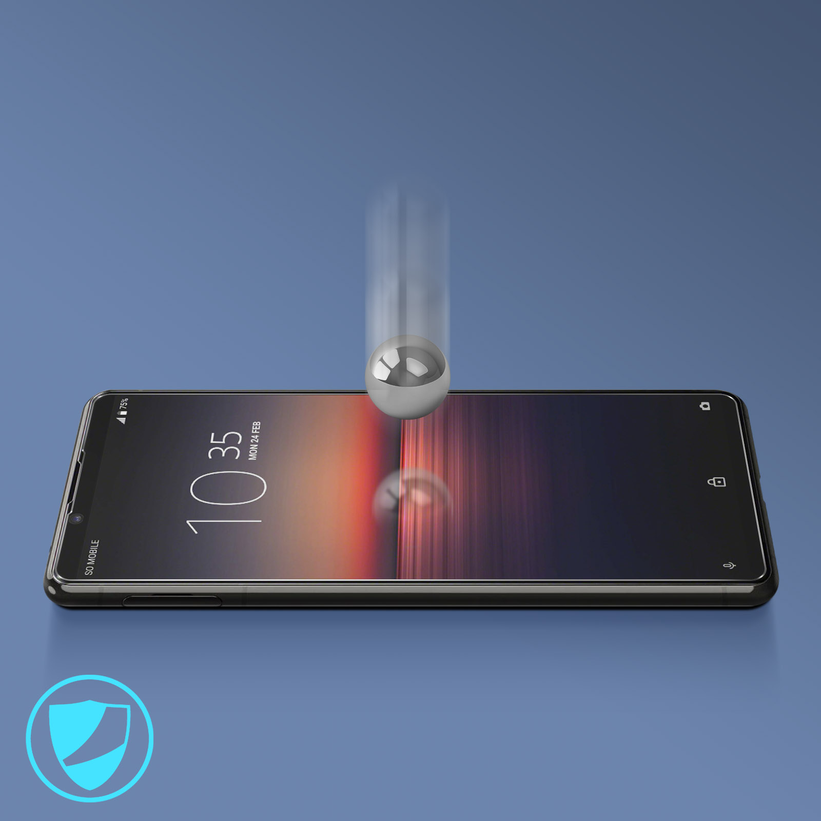 Telefoonscherm met een bal die valt. Blauwe achtergrond, schildpictogram.
