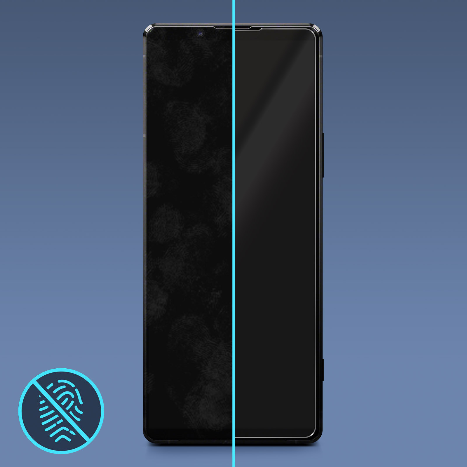 Een telefoonscherm met vingerafdruk voor en na bescherming. Blauwe achtergrond en een vingerafdrukpictogram.