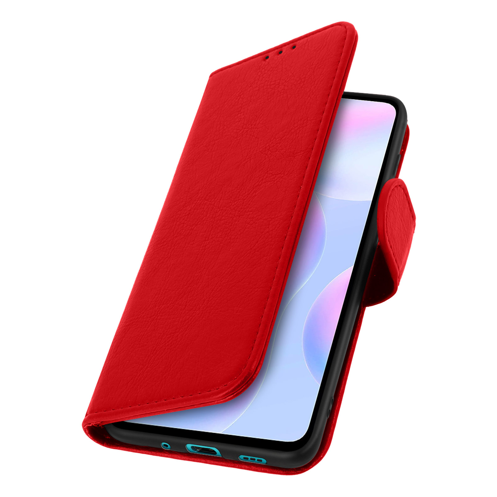 Coque de téléphone rouge avec un téléphone à l'intérieur, ouverte, sur fond blanc.