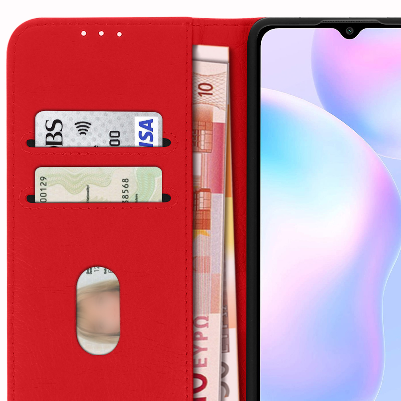 Étui de téléphone rouge avec des fentes pour cartes de crédit contenant des cartes et de l'argent, avec un téléphone à l'intérieur.
