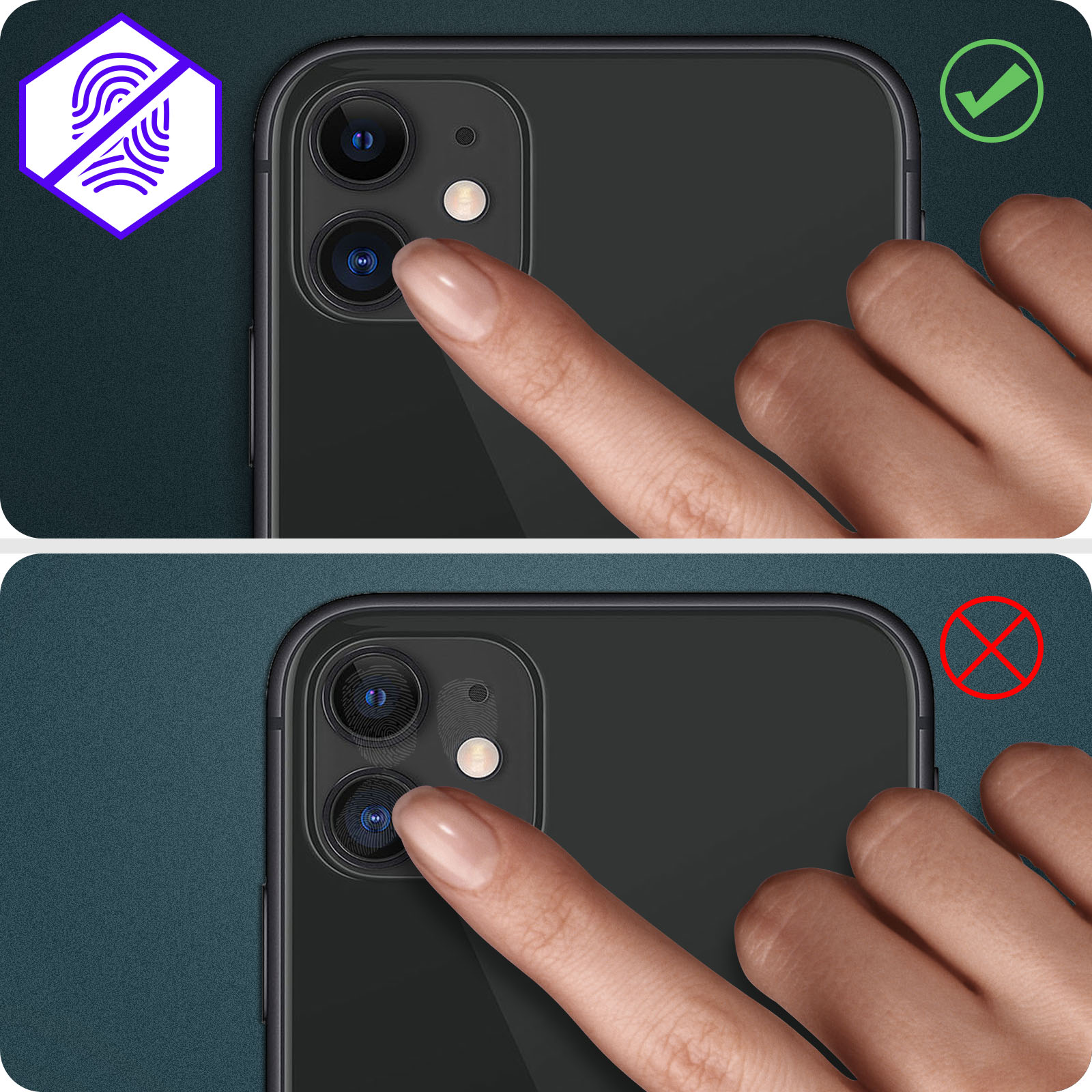 Vengono mostrate due fotocamere del telefono, quella superiore è pulita, l'altra ha impronte digitali. Sfondo bianco.