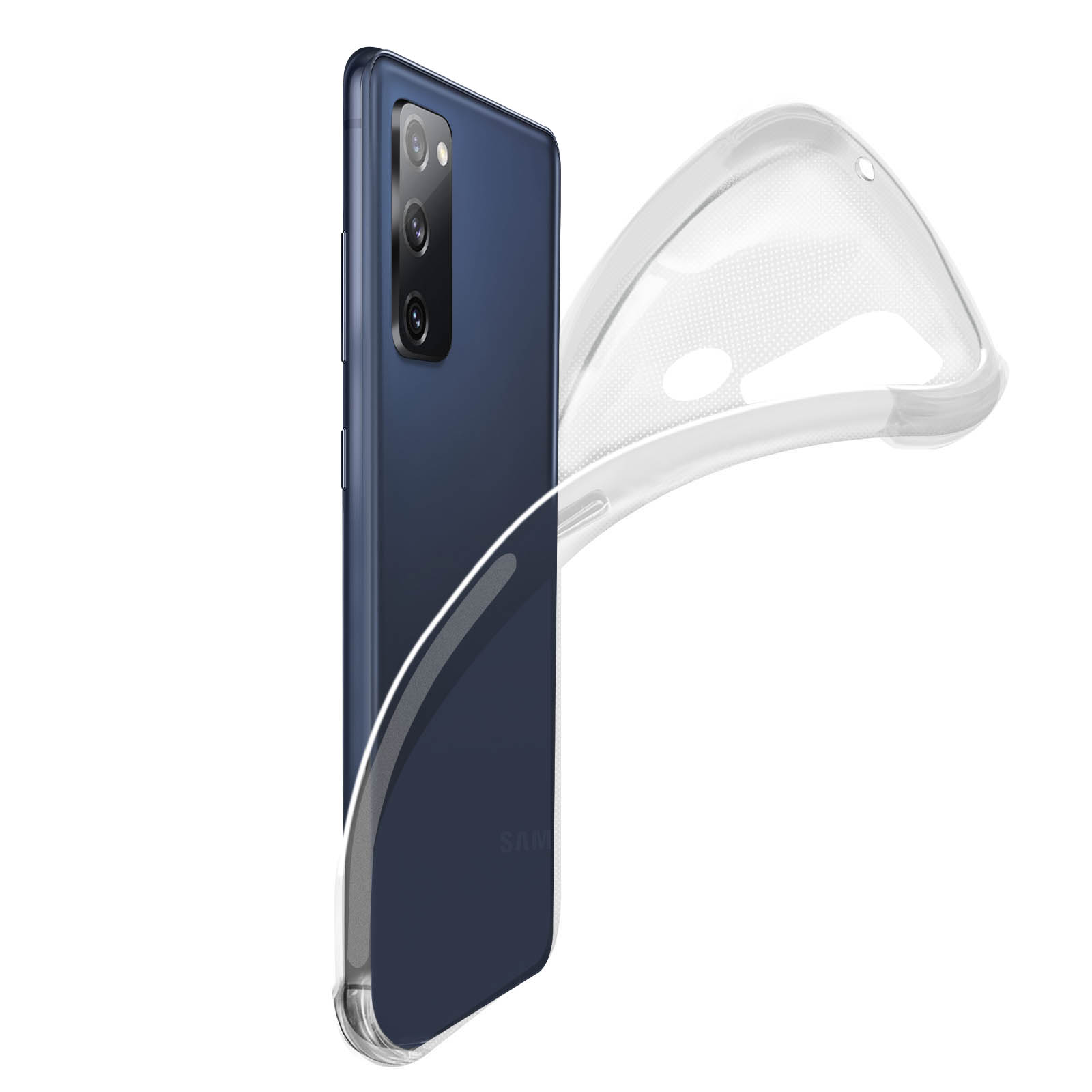 Telefono blu con custodia trasparente. La custodia avvolge il telefono. Sfondo bianco.