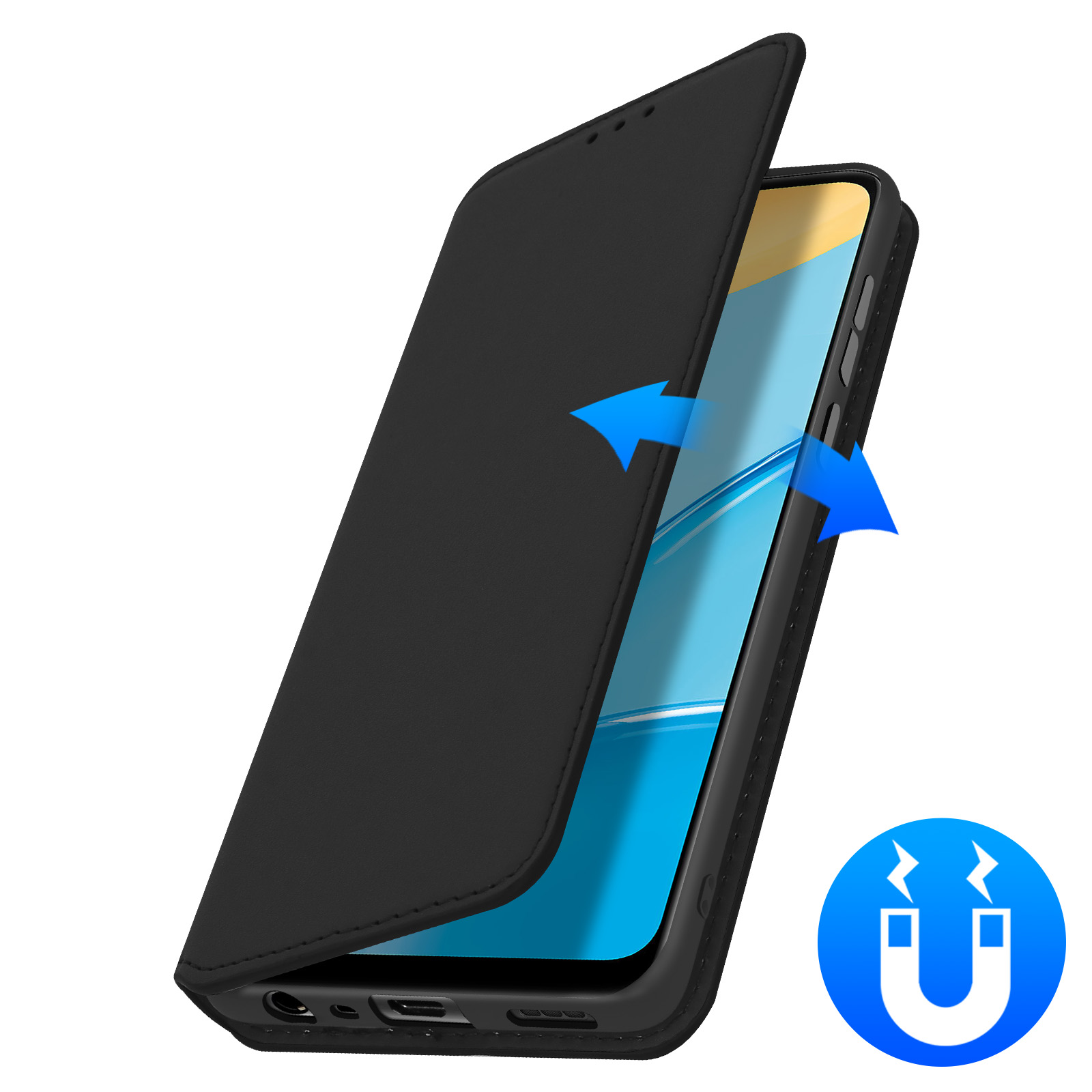 Custodia nera per telefono con coperchio aperto. Frecce blu indicano l'apertura. Sfondo bianco. Simbolo magnetico presente.