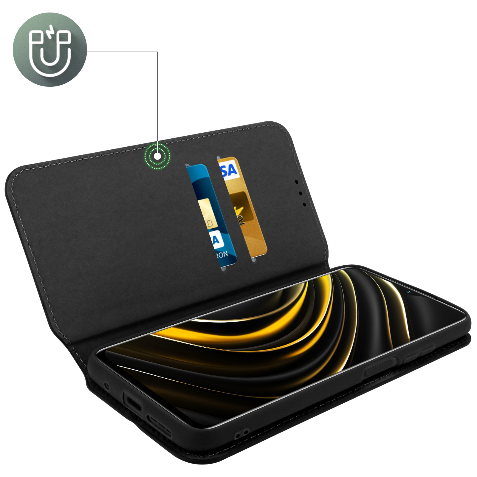 Custodia nera per telefono aperta, con carte all'interno. Il telefono mostra un design giallo e nero. Simbolo magnetico.