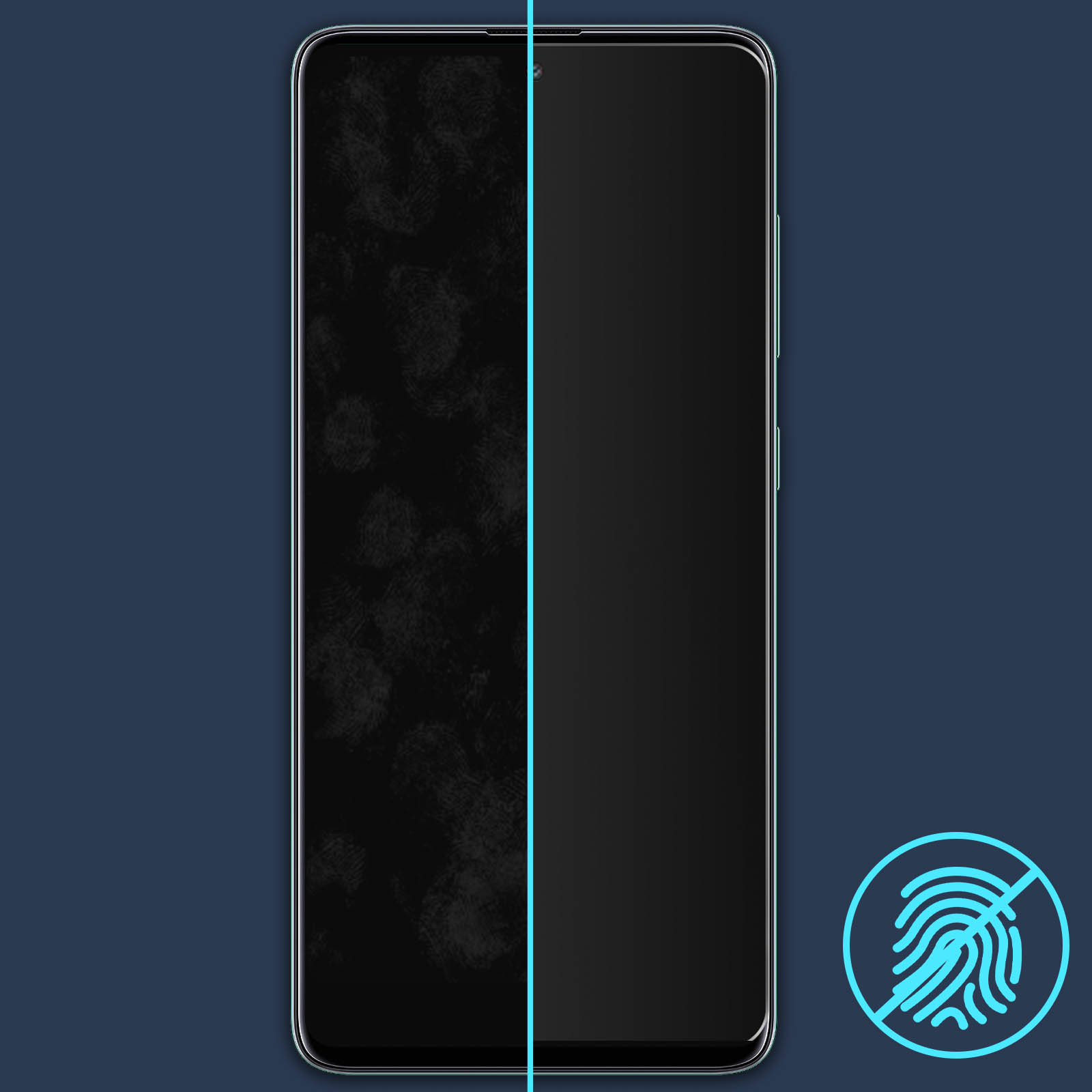 Schermo del telefono diviso, un lato sporco, l'altro pulito. L'icona dell'impronta digitale non mostra impronte.