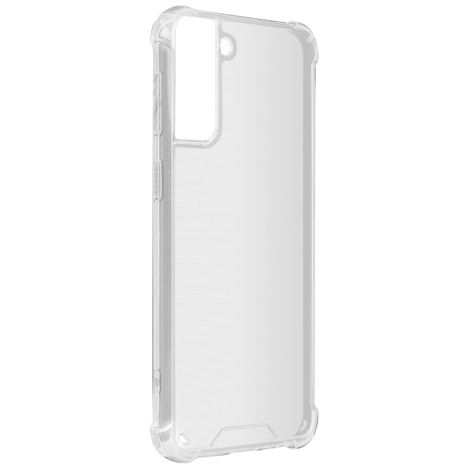 Una custodia trasparente per telefono. La custodia è in piedi, mostrando un design sottile.