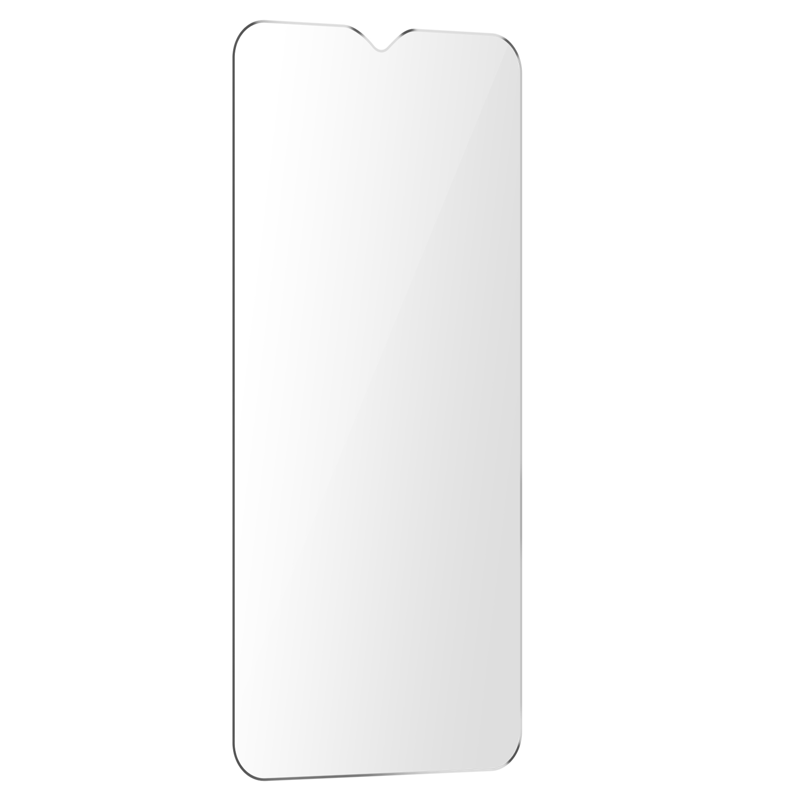 Una protezione per lo schermo trasparente per telefono. Lo schermo è su uno sfondo bianco.