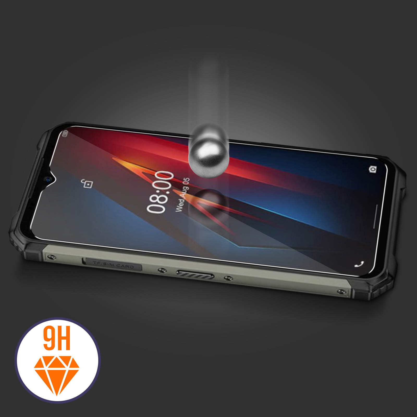 Uno schermo del telefono con una protezione per lo schermo incrinata che viene colpita da una palla di metallo.