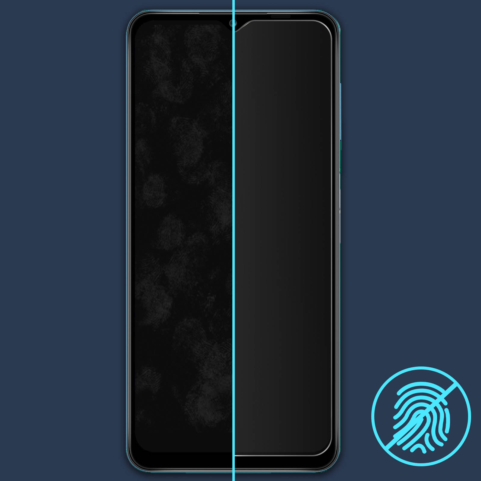 Schermo del telefono, metà con impronte, metà pulito. Linea blu separa le parti.