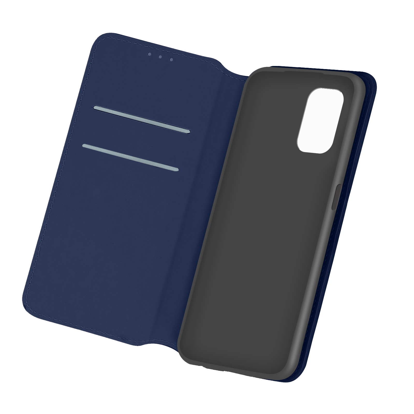 Custodia blu per telefono, aperta per mostrare l'interno nero e gli slot per schede. Sfondo bianco.