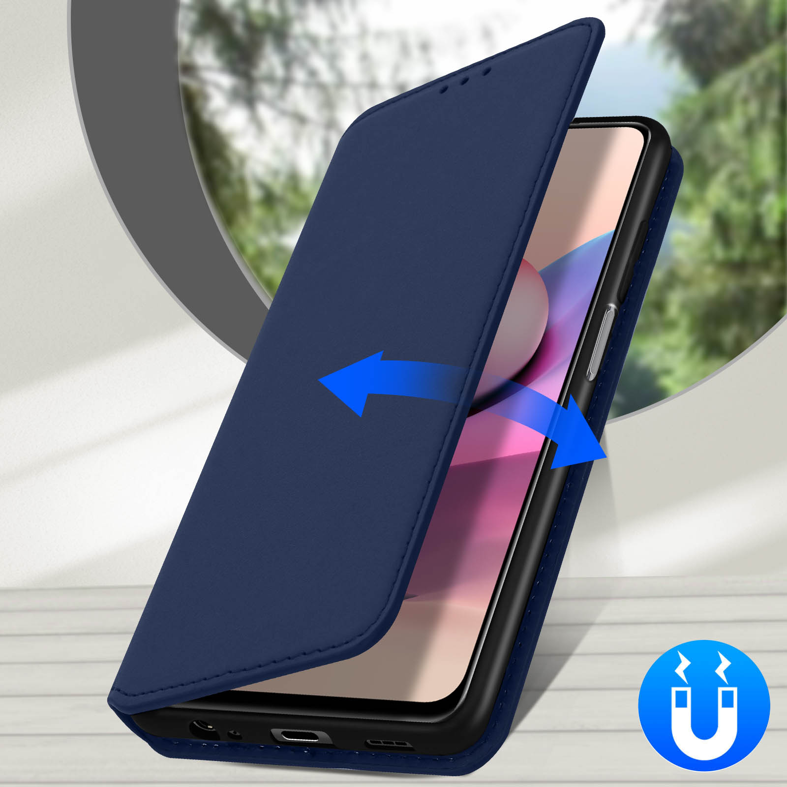 Custodia blu per telefono. Telefono all'interno. Frecce indicano apri e chiudi, simbolo calamita.