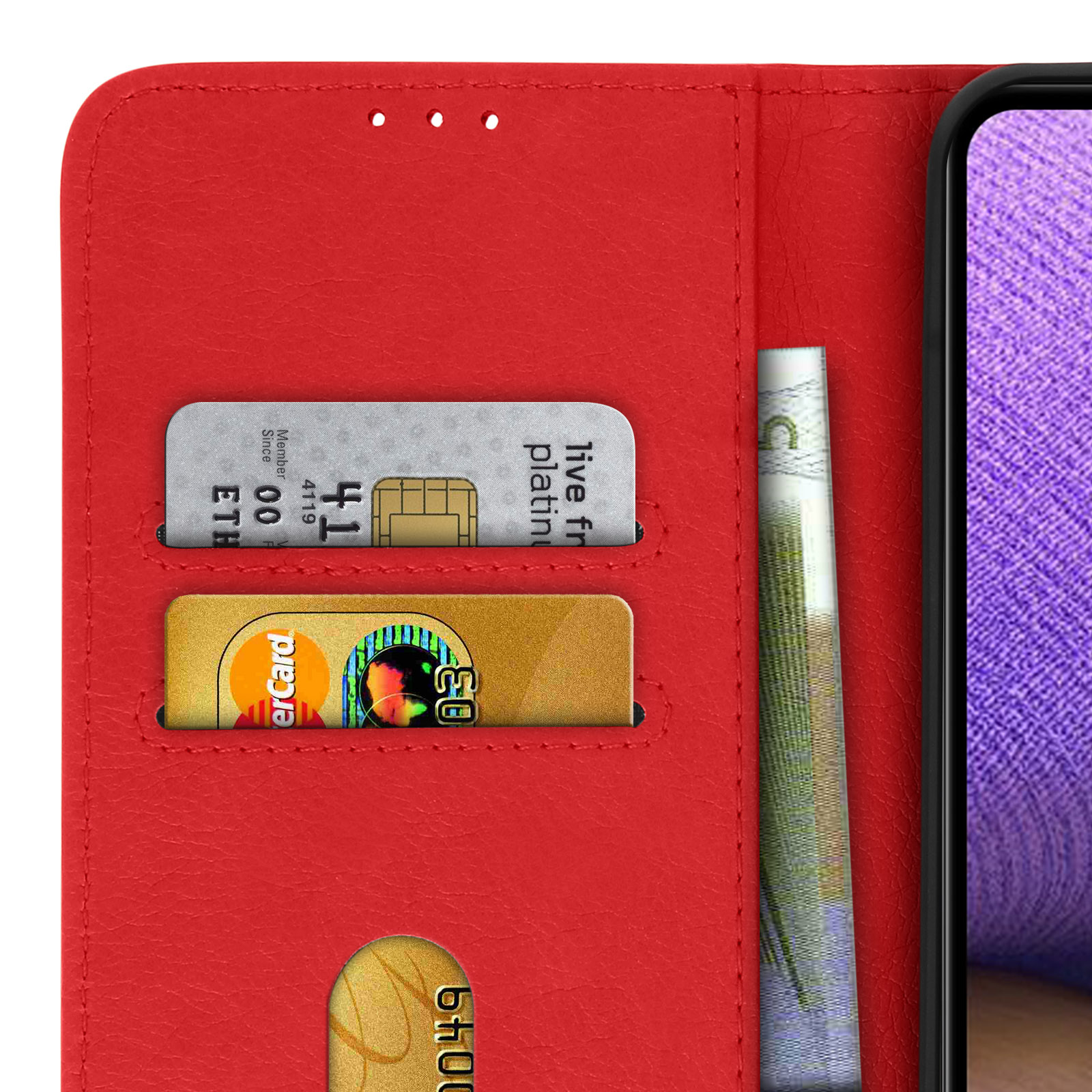 Custodia rossa per telefono aperta che mostra fessure per carte con carte e una banconota. Il telefono non è visibile.