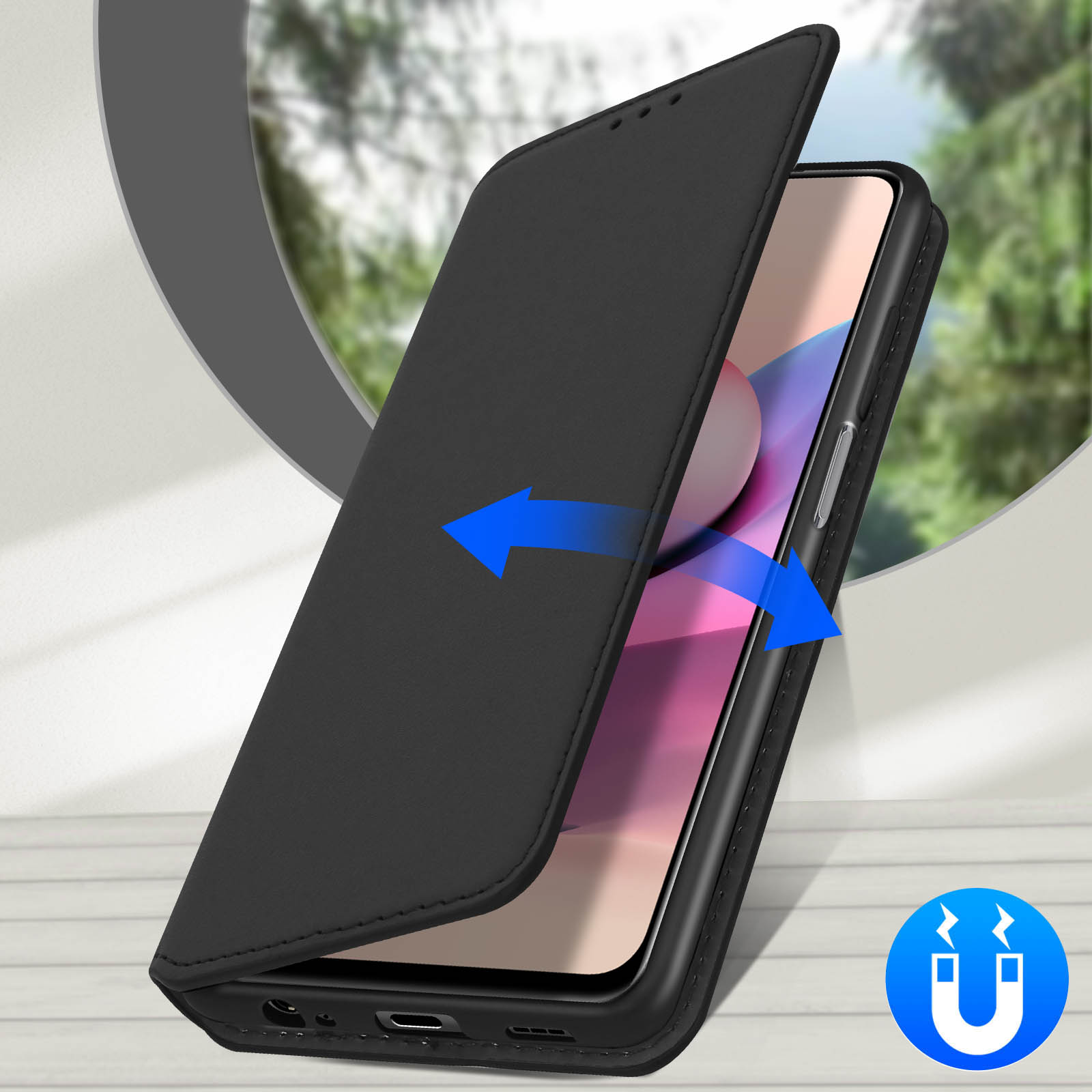 Custodia nera per telefono che si apre, con frecce blu che indicano la direzione. Un telefono è visibile.