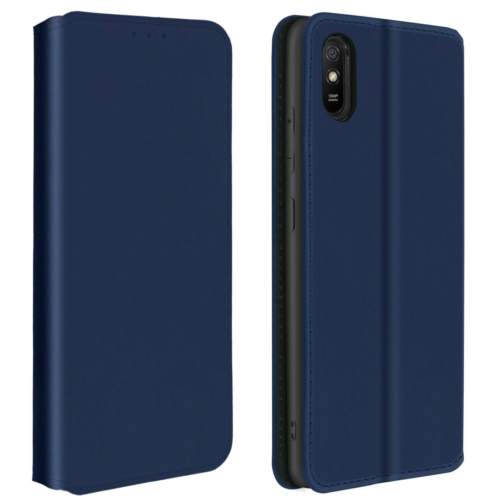 Custodia blu navy, aperta per rivelare il telefono. La custodia ha un aspetto simile alla pelle.
