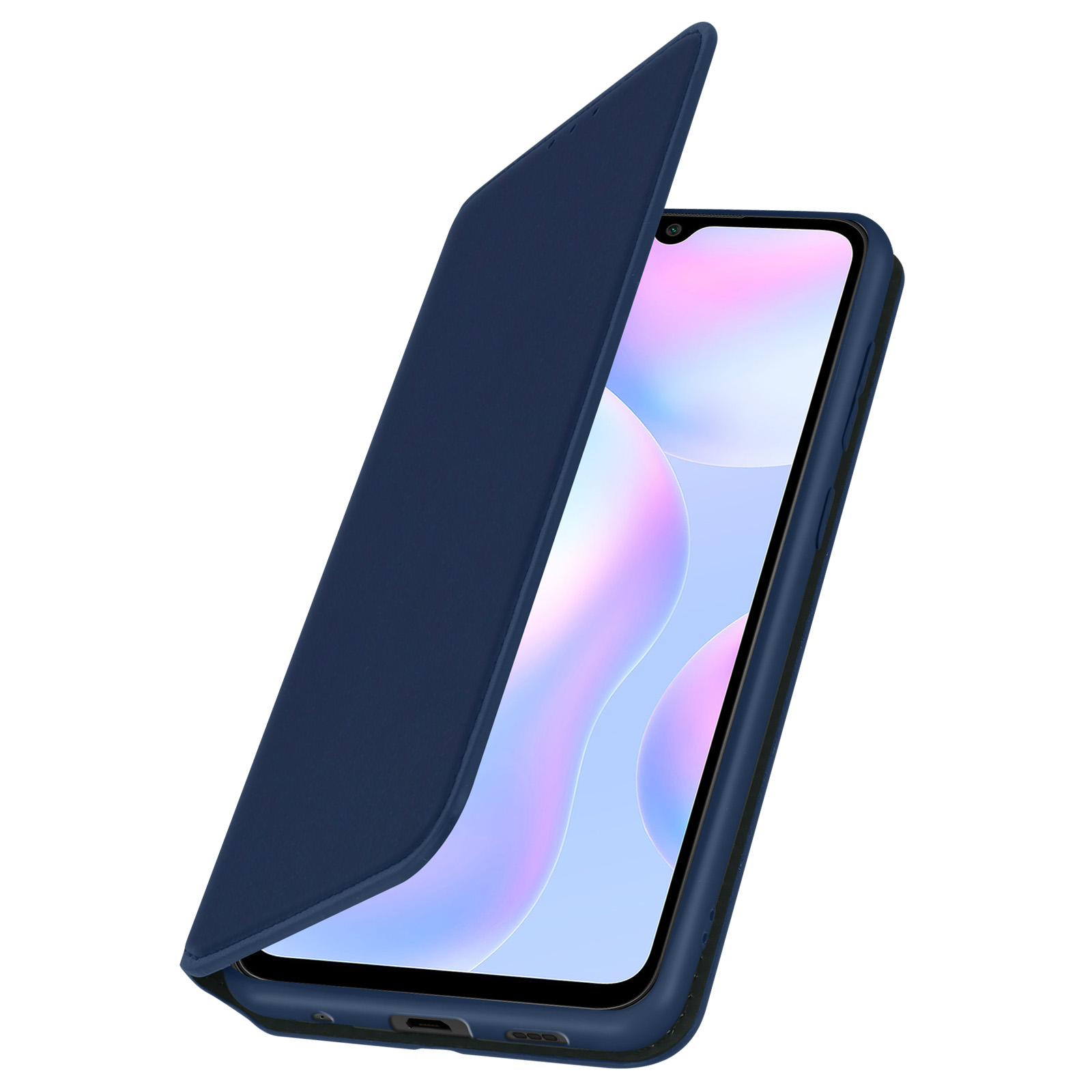 Custodia blu per telefono con il telefono aperto che mostra uno sfondo rosa e bianco.