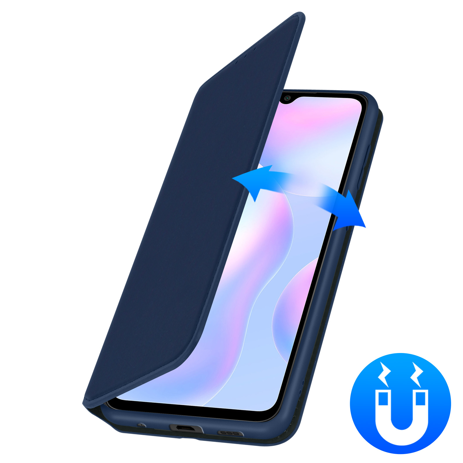 Una custodia blu per telefono che si apre, rivelando uno schermo con una sfumatura blu e viola.