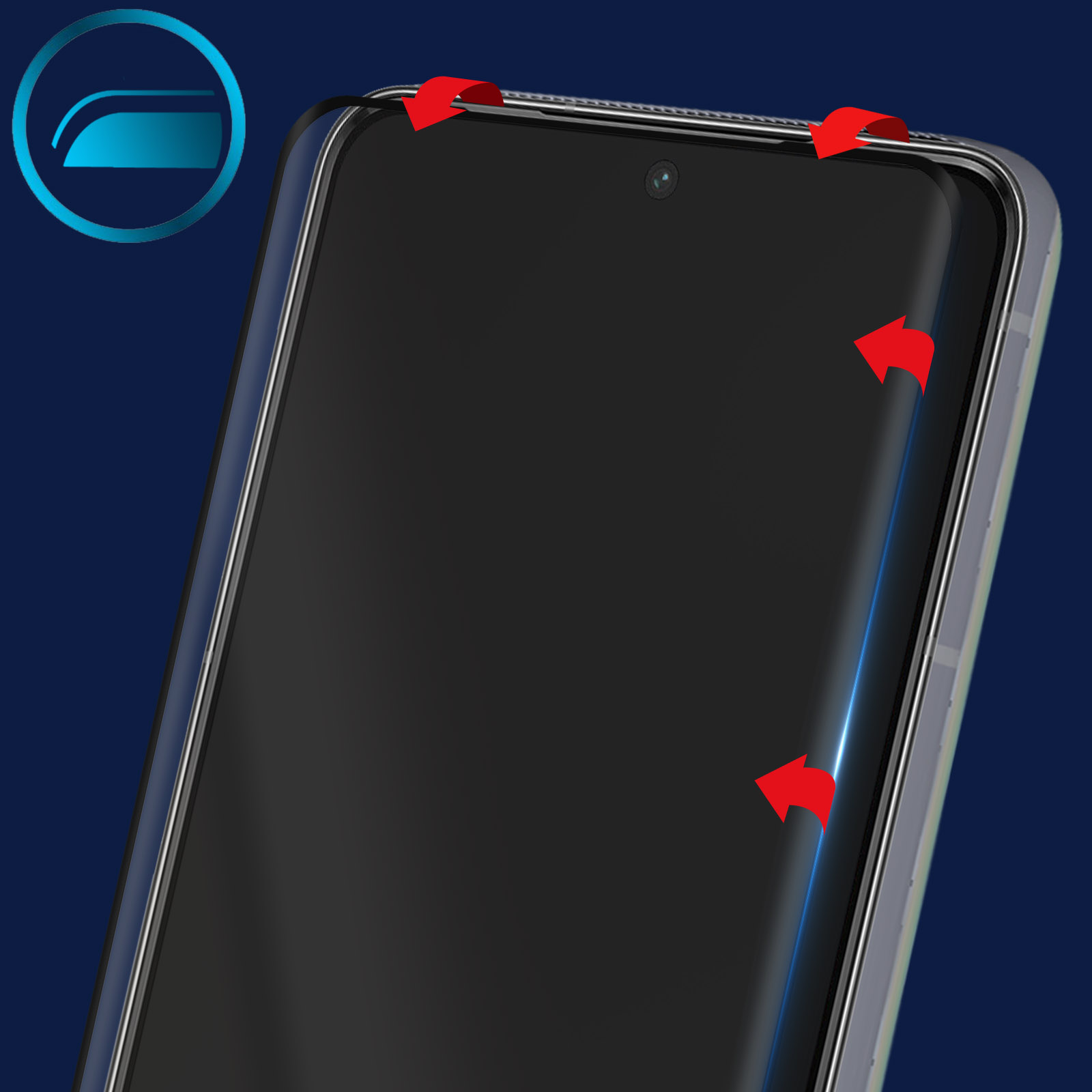 Viene mostrato lo schermo di uno smartphone, con frecce rosse che puntano ai bordi. Un'icona blu è a sinistra.