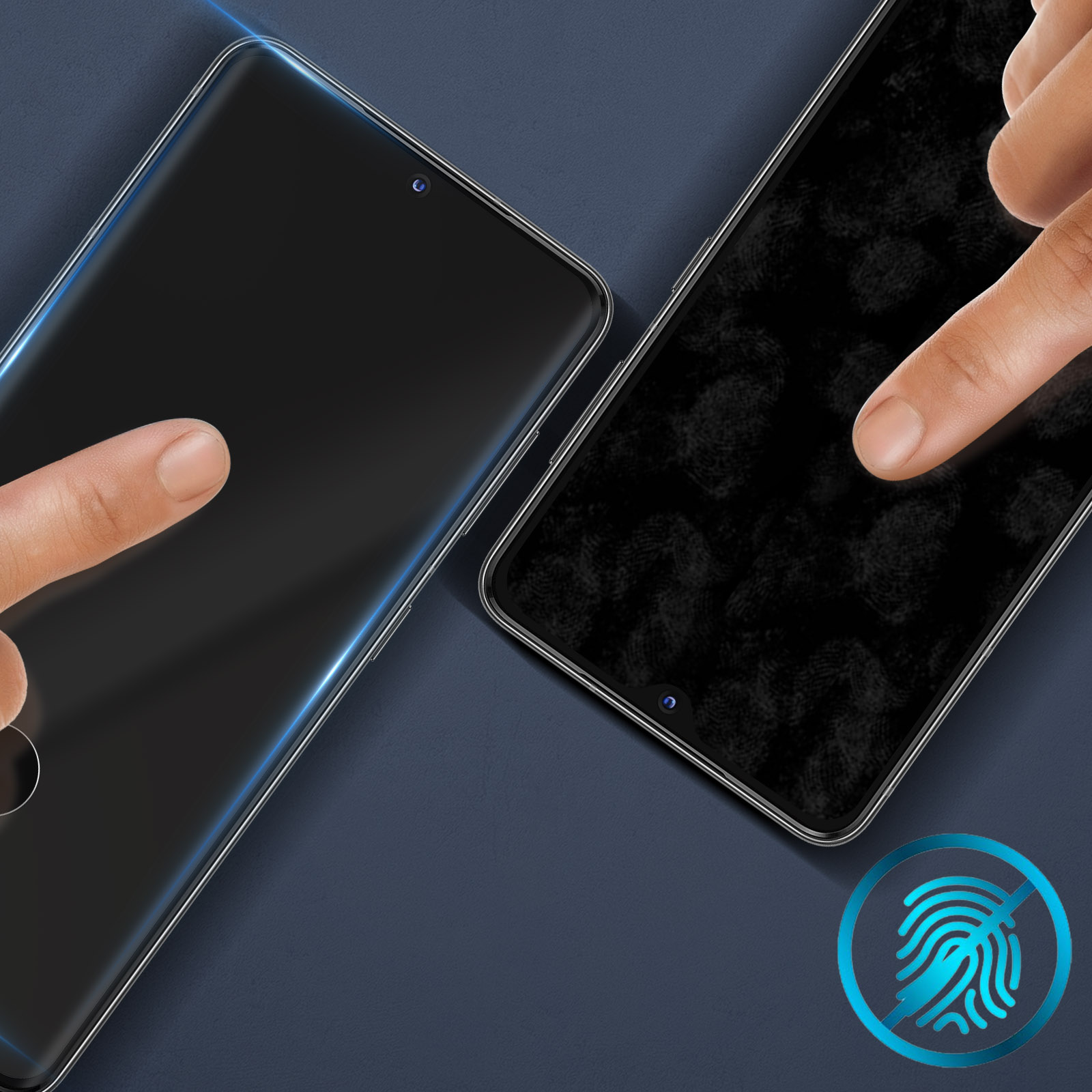 Due telefoni con schermi scuri, dita che li toccano. Uno schermo mostra impronte digitali. Un'icona di impronta indica protezione.