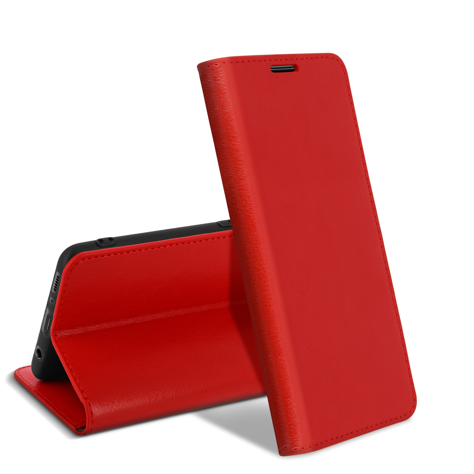 Étui de téléphone rouge, ouvert et incliné, affichant le téléphone. Fond blanc, l'étui est en simili cuir.