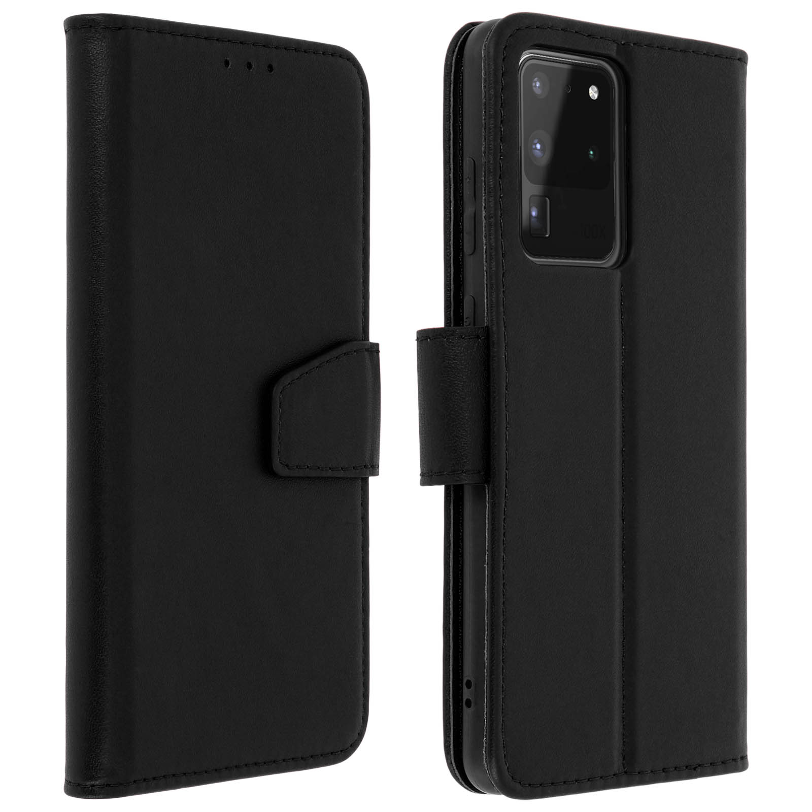 Custodia per telefono in pelle nera. La custodia ha una chiusura a ribalta e magnetica. Il telefono è all'interno.