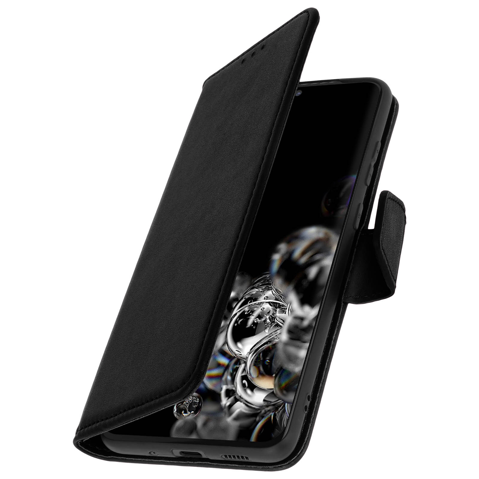Custodia nera per telefono aperta, che mostra uno schermo del telefono con sfondo acqua/bolle. Superficie in pelle nera.