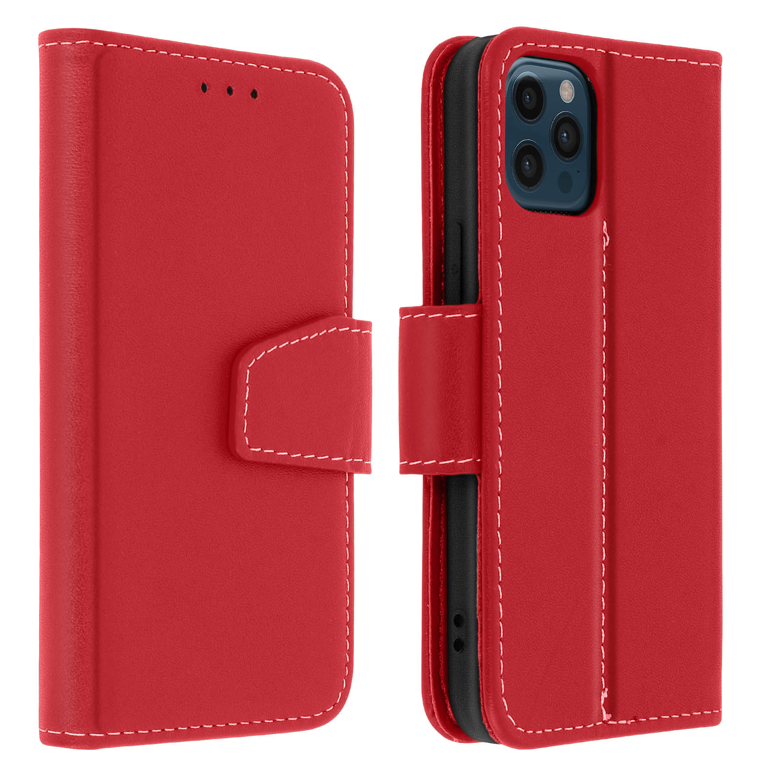 Custodia per telefono rossa. Il telefono è visibile a destra. La custodia è chiusa a sinistra.
