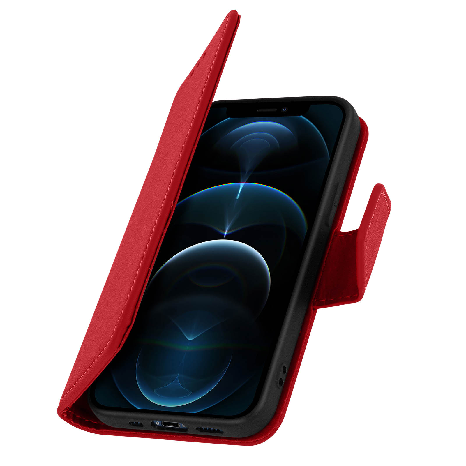 Una custodia rossa per telefono aperta, che rivela uno schermo con sfondo blu.