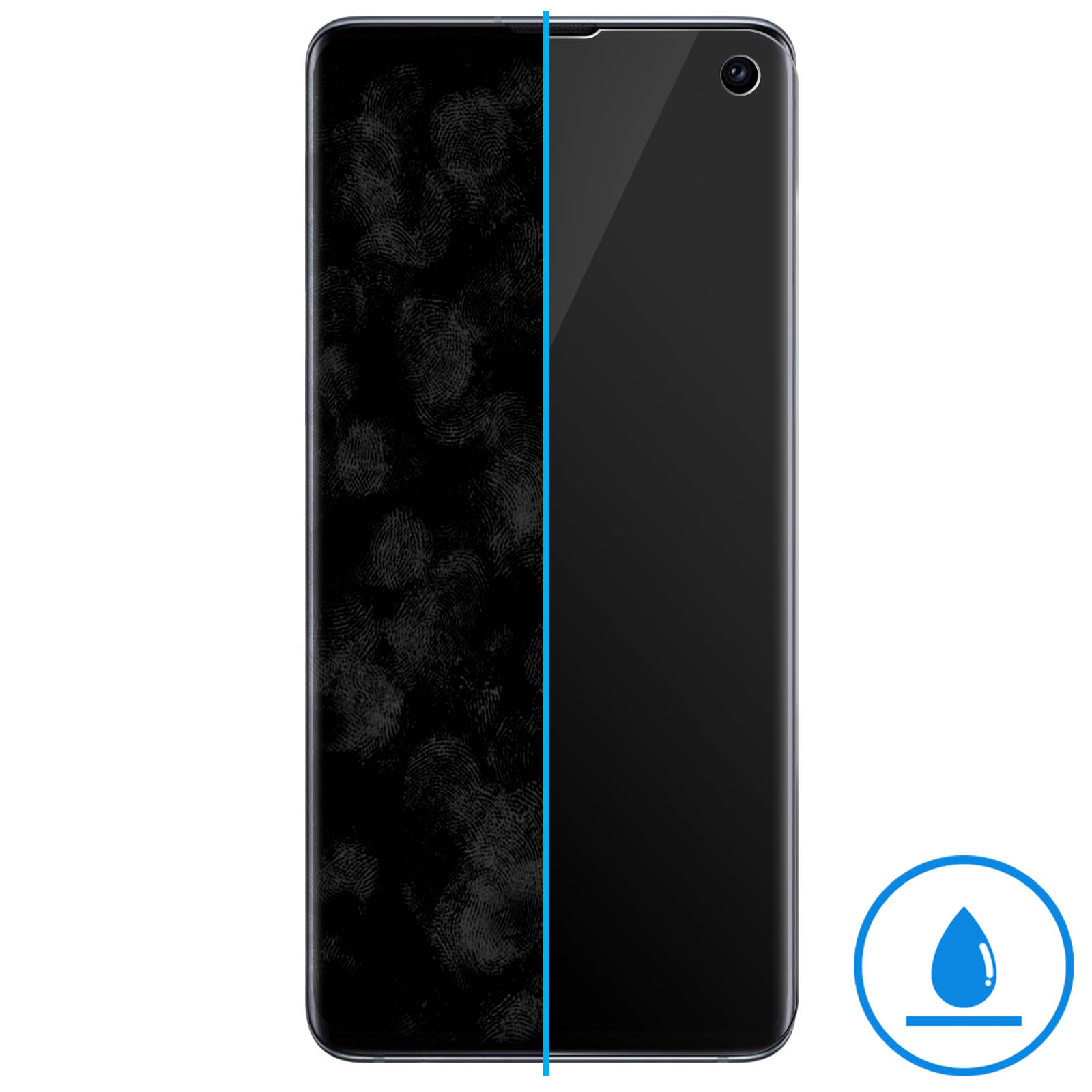 Proteggi schermo per telefono, metà con impronte digitali, metà pulito, con una linea blu. Icona goccia d'acqua.