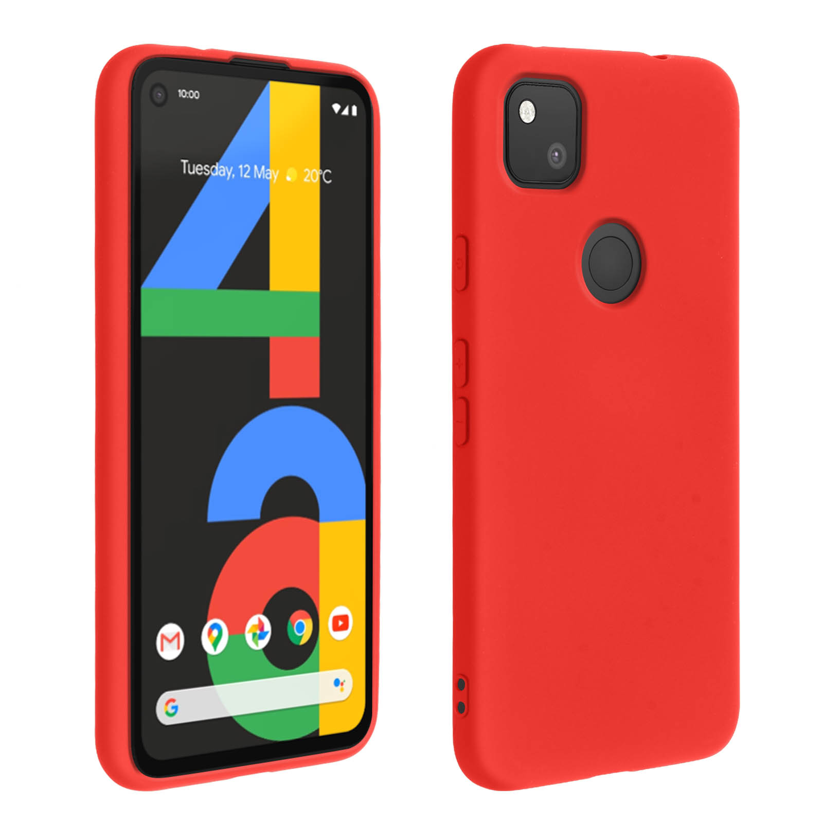 Een rode telefoonhoes met een telefoon erin. De telefoon toont een kleurrijke interface.