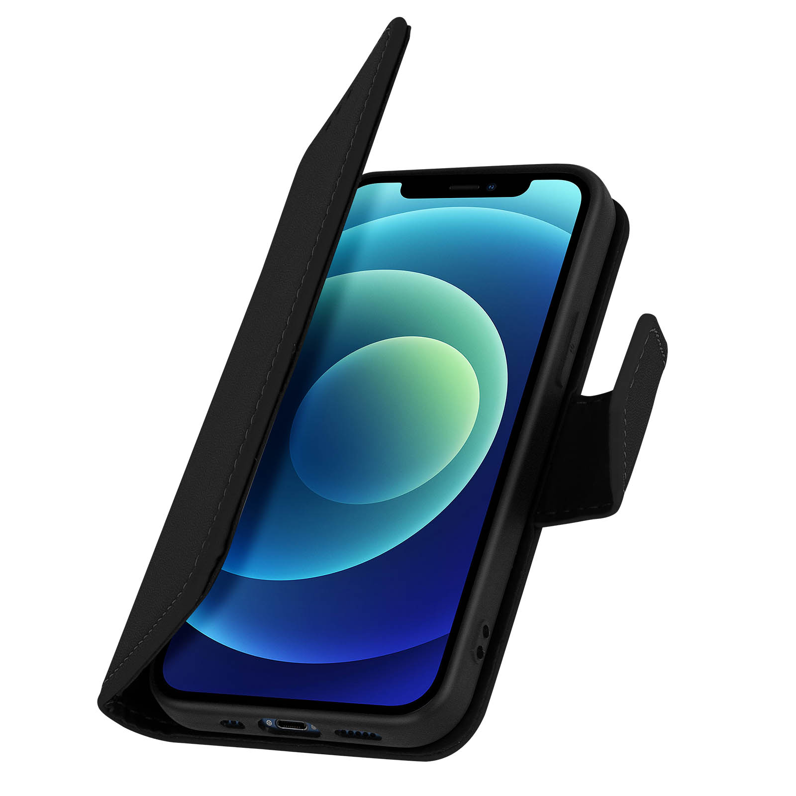 Een zwarte telefoonhoes is open en toont de telefoon binnenin. Het telefoonscherm is zichtbaar.