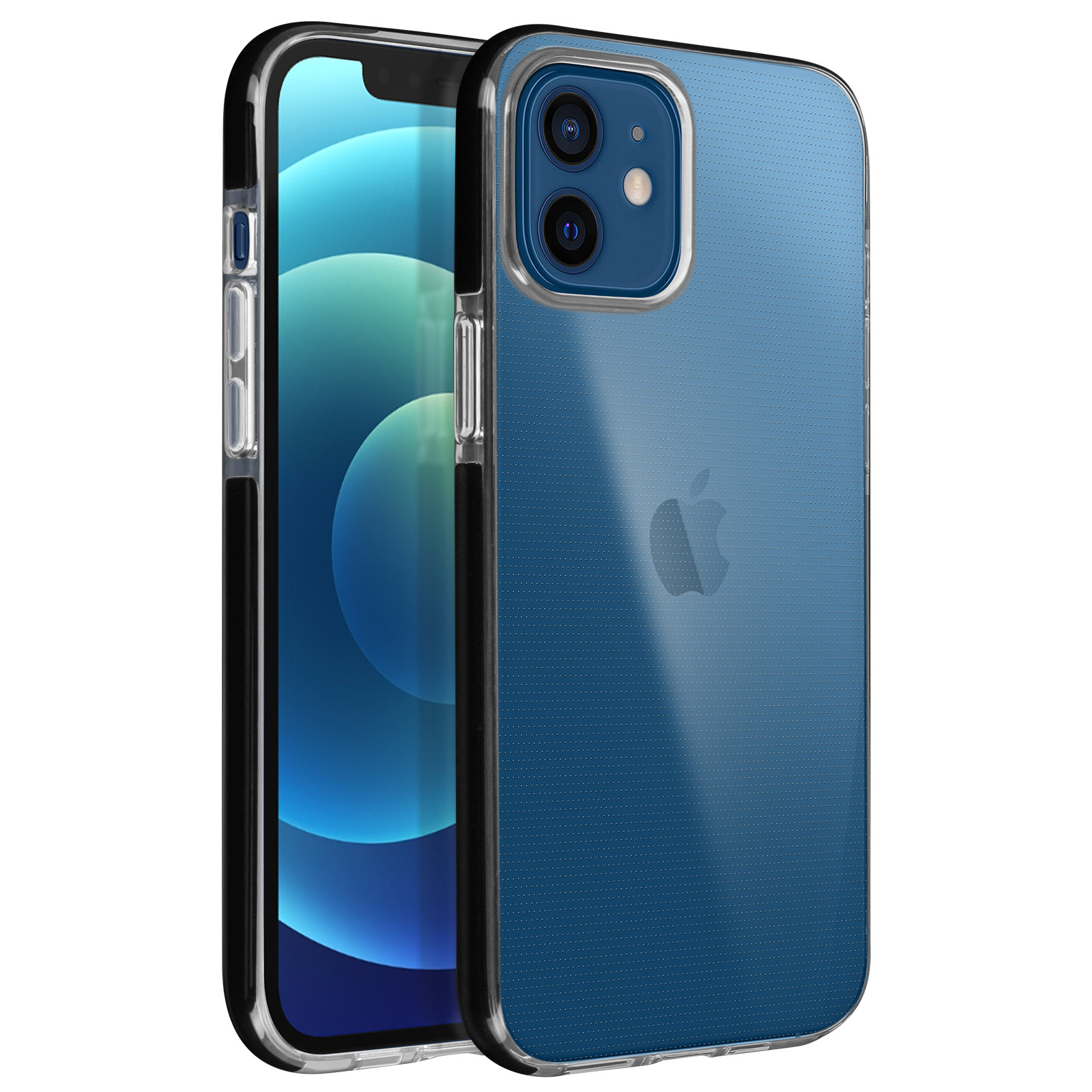 Telefono in custodia blu con retro trasparente, mostra il logo Apple e un bordo nero.