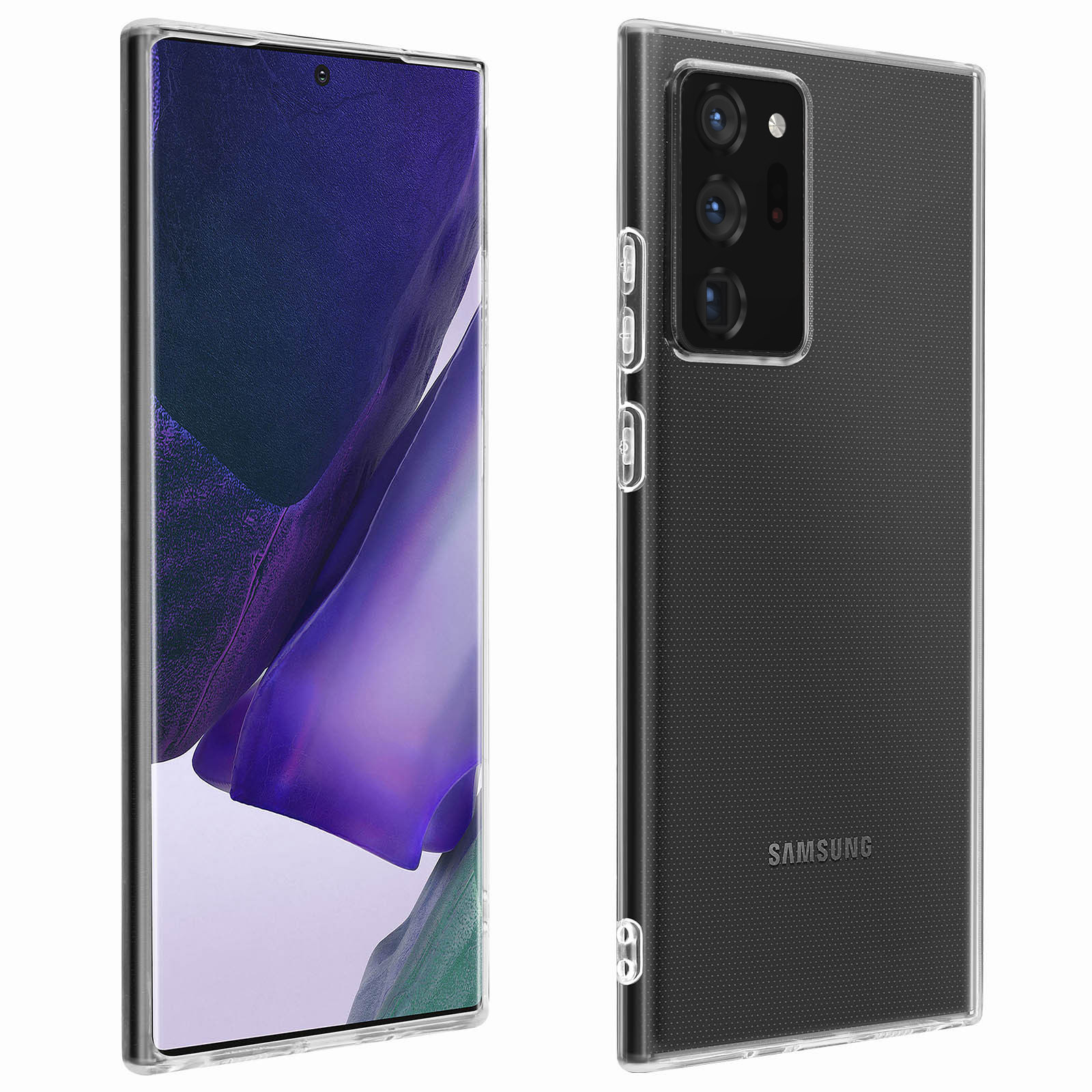 Twee telefoons, één met scherm en de andere met achterkant. Beide in transparante hoesjes.