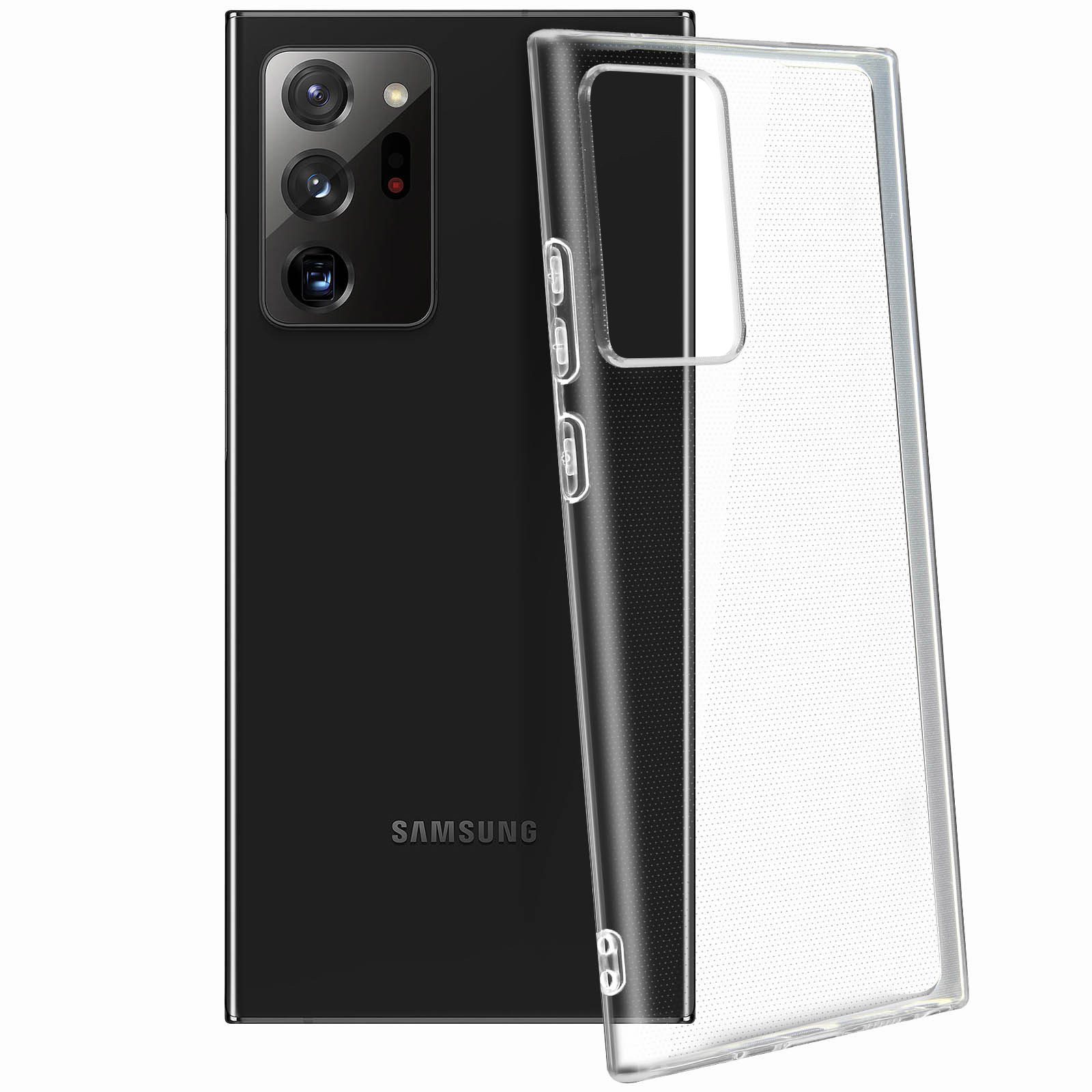Een zwarte telefoon met een doorzichtige hoes, die de achterkant van de telefoon met meerdere camera's laat zien.