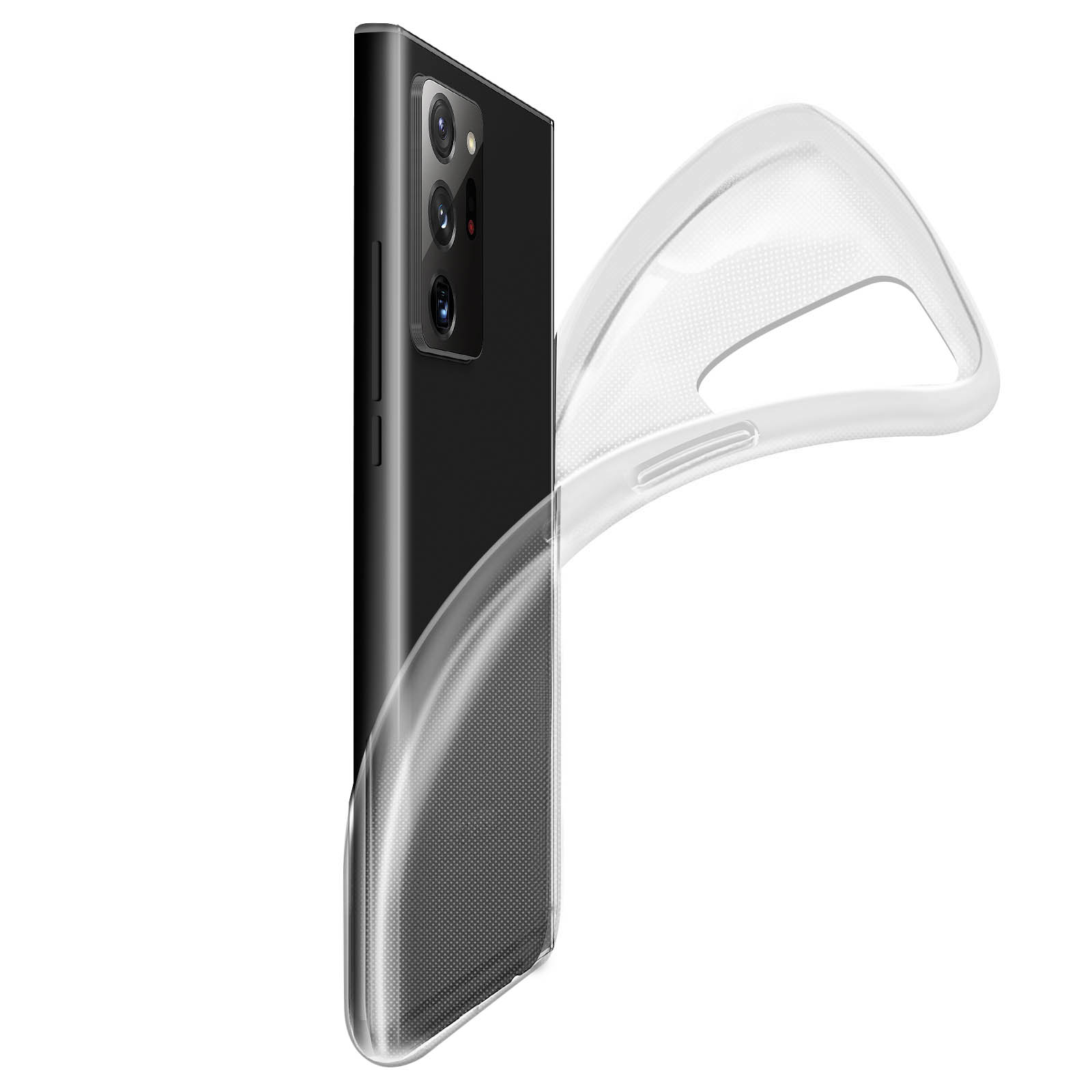 Een telefoon met een doorzichtige hoes, lichtjes schuin, op een witte achtergrond, achterkant.
