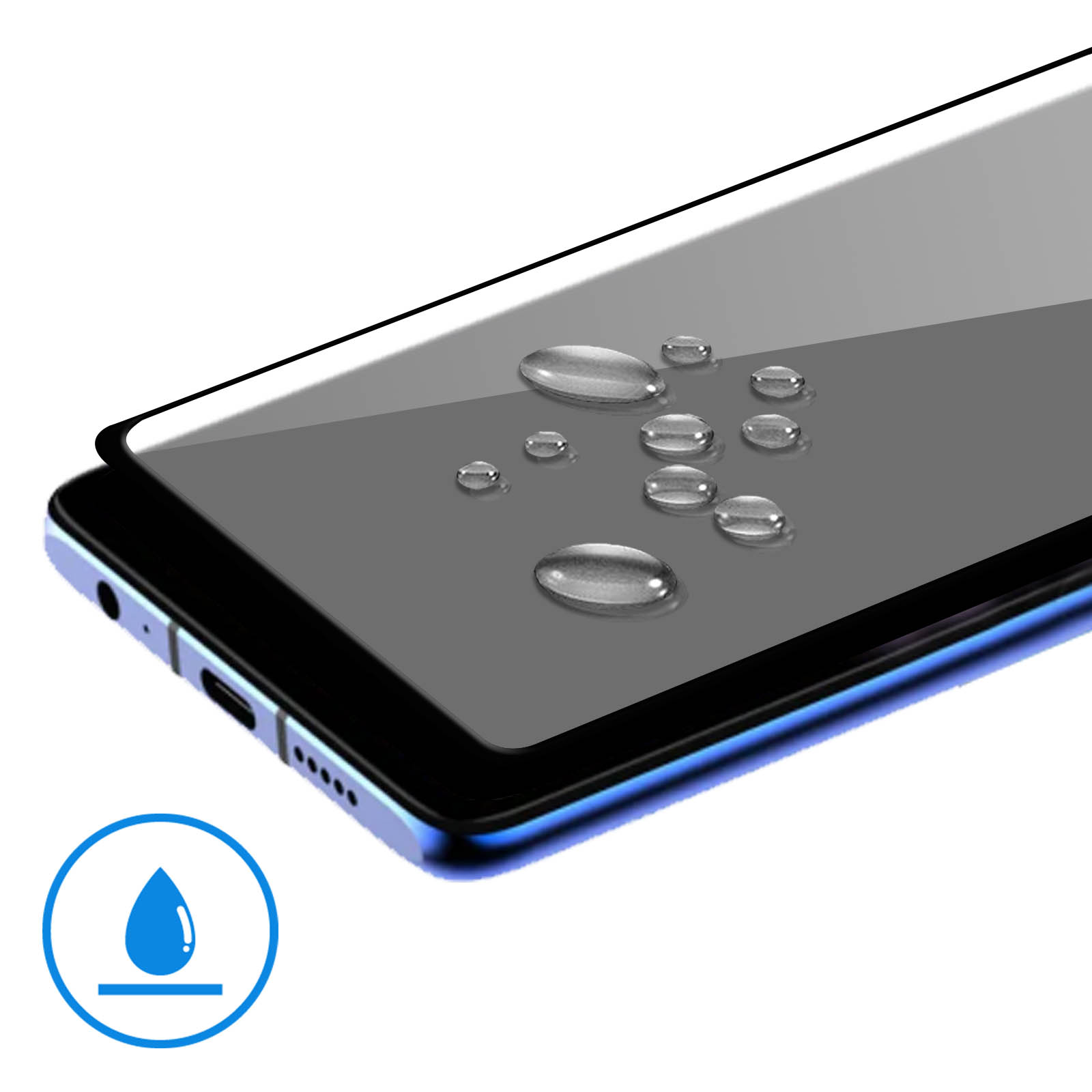 Primo piano di uno schermo del telefono con gocce d'acqua. Icona goccia d'acqua.