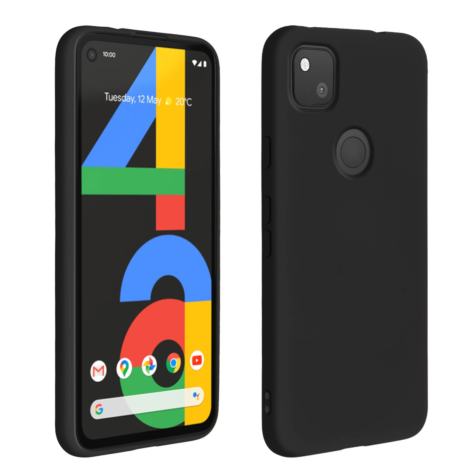 Téléphone noir avec étui. L'écran affiche des icônes d'applications, la date et l'heure.