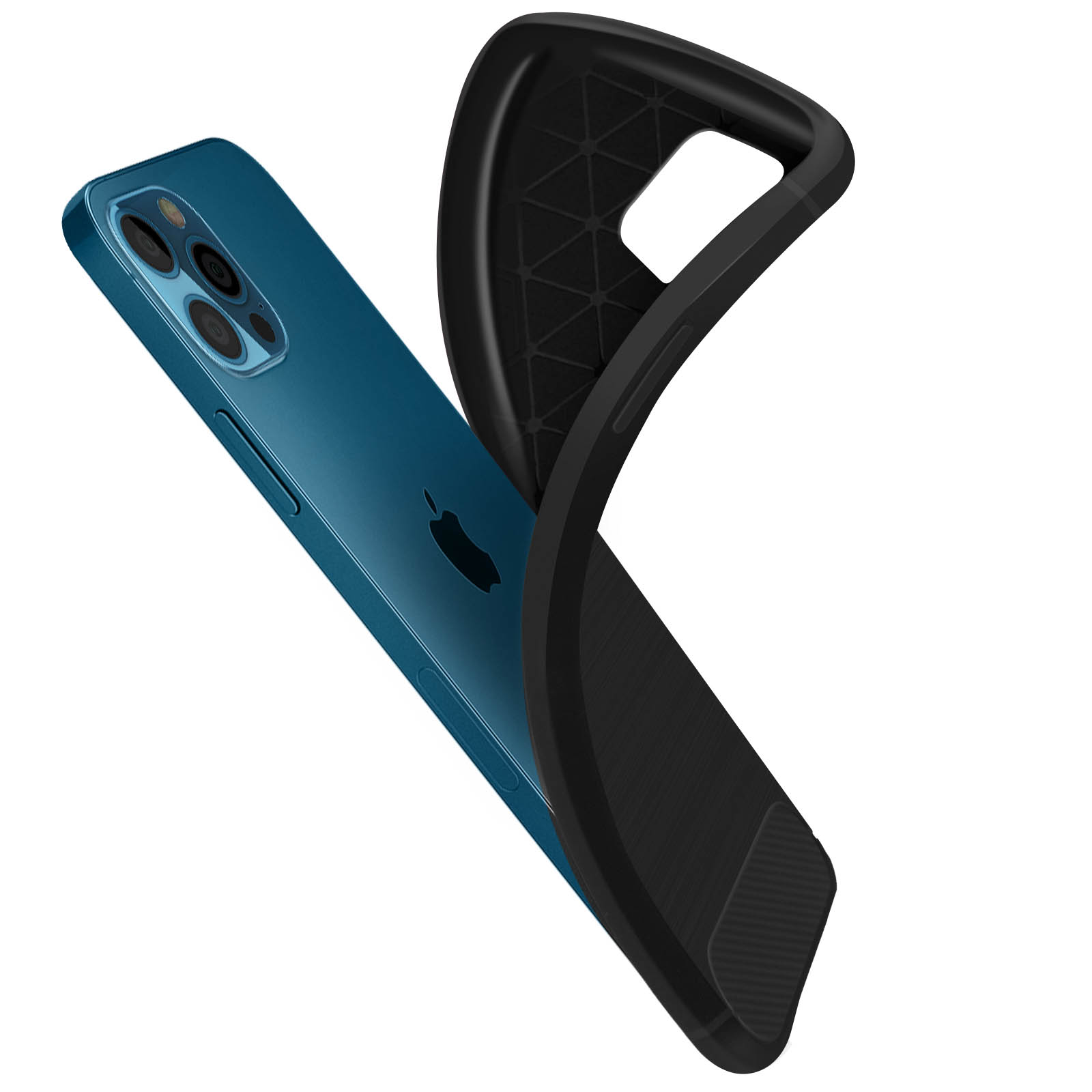 Telefono blu con custodia nera parzialmente rimossa.