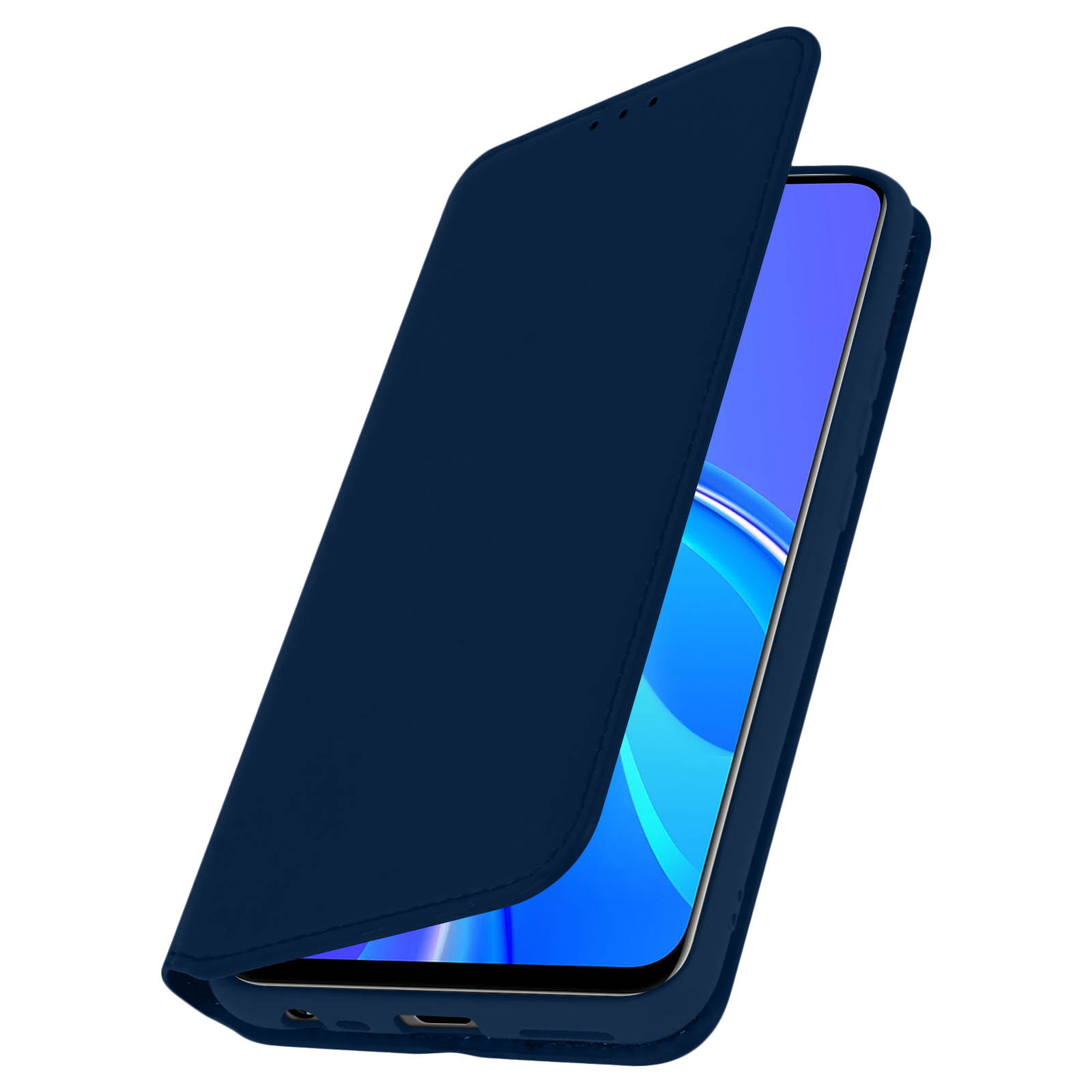 Étui de téléphone bleu avec le rabat ouvert, révélant l'écran du téléphone.