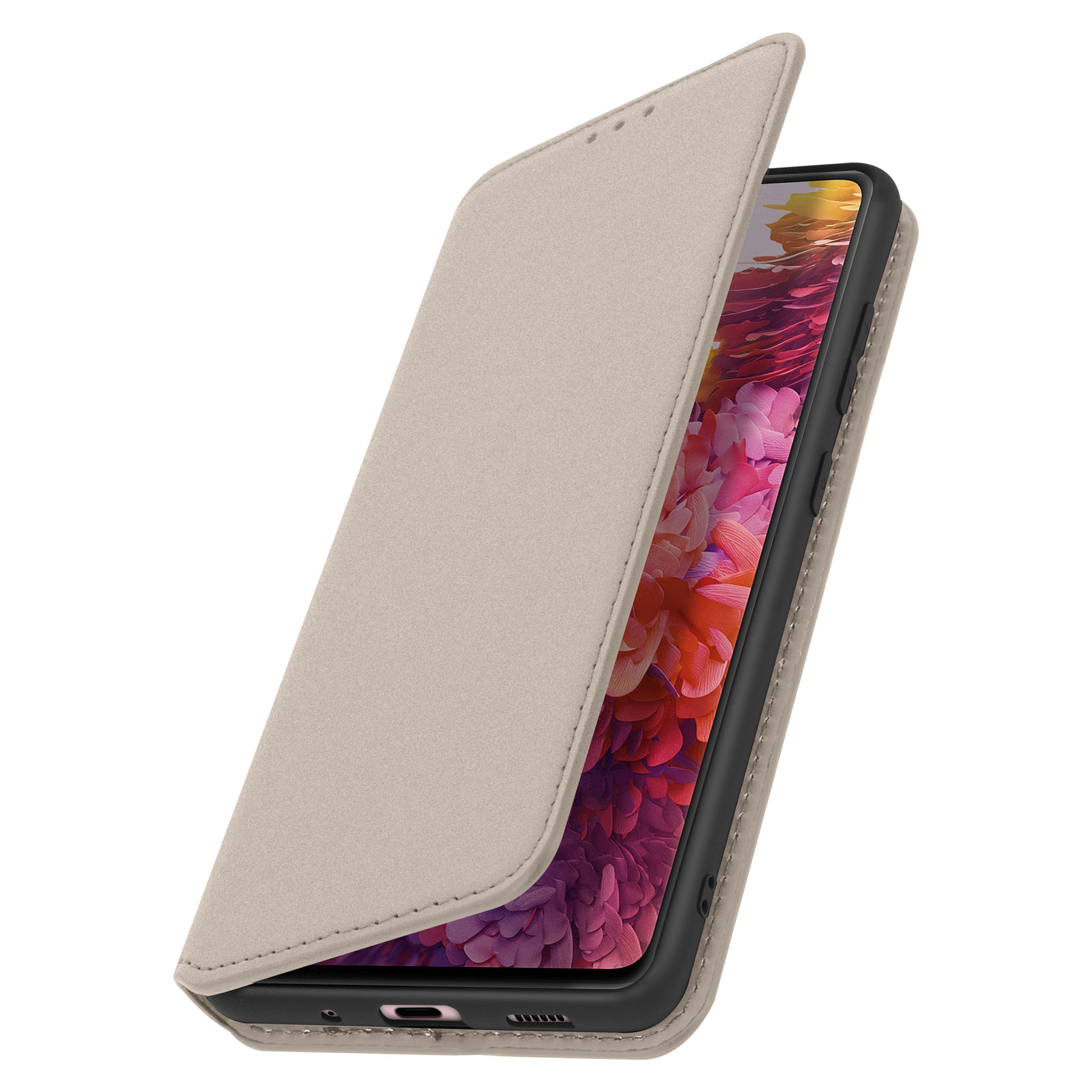 Geöffnete Handyhülle, die den Bildschirm des Telefons zeigt. Die Hülle ist hellbeige, das Telefon ist schwarz und hat ein farbenfrohes Bild.
