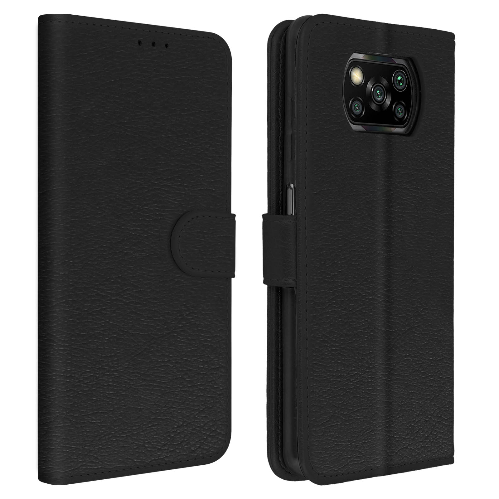 Custodia nera per telefono, chiusa e aperta per mostrare il telefono. Telefono nero. Cuciture e chiusura bianche.