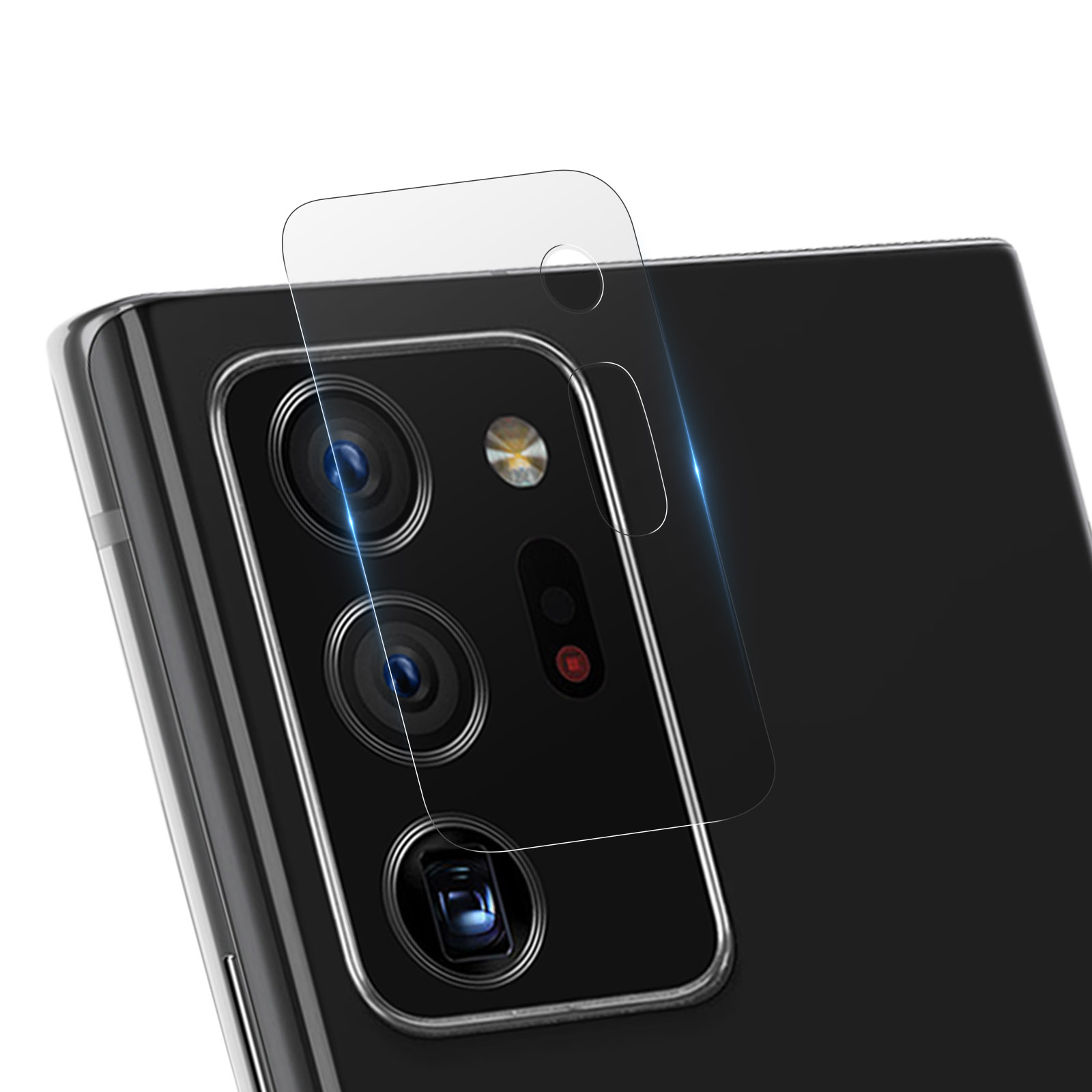 Un protecteur d'écran transparent est placé sur les lentilles de la caméra d'un téléphone. Le téléphone est noir.