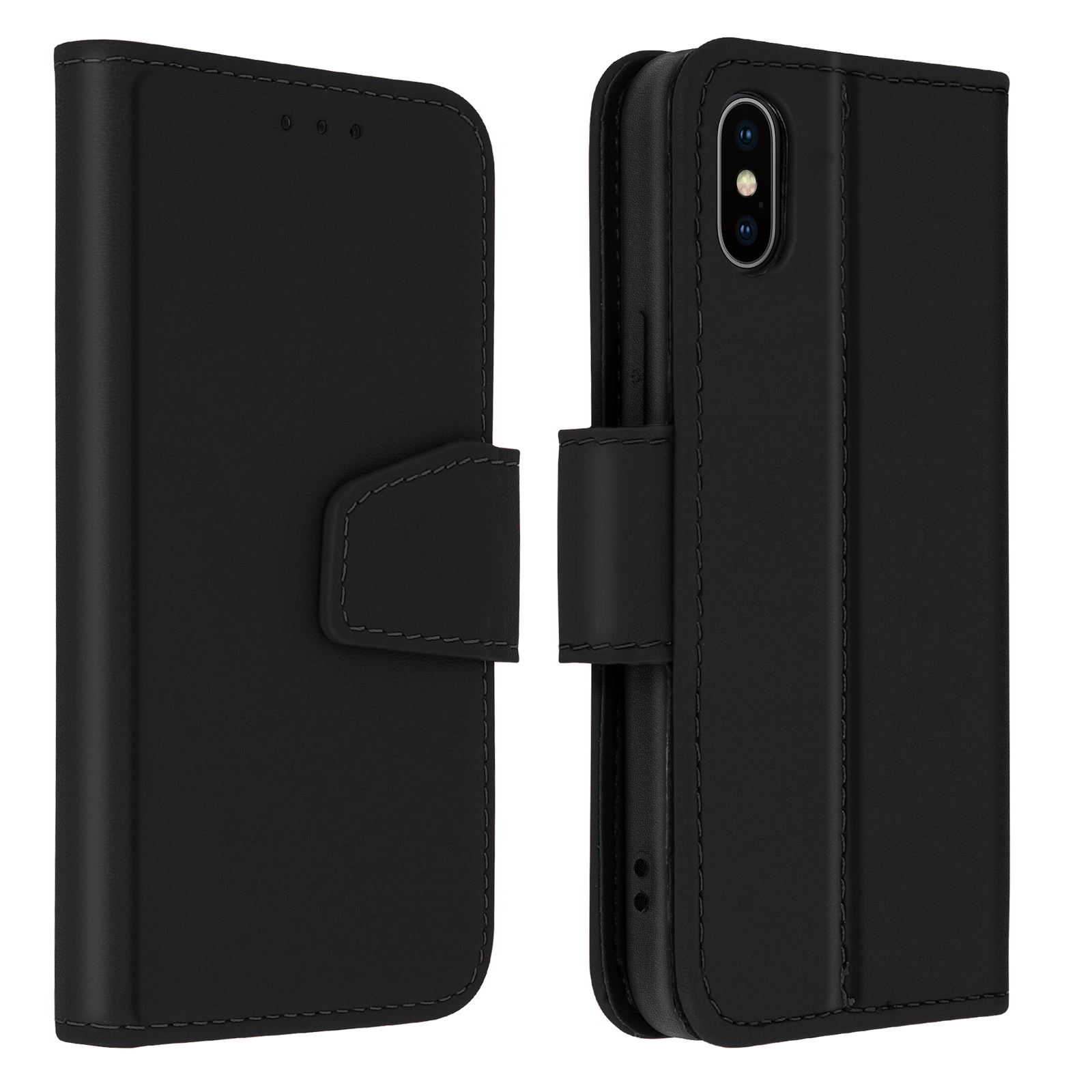 Twee zwarte telefoonhoesjes, één open, één dicht.